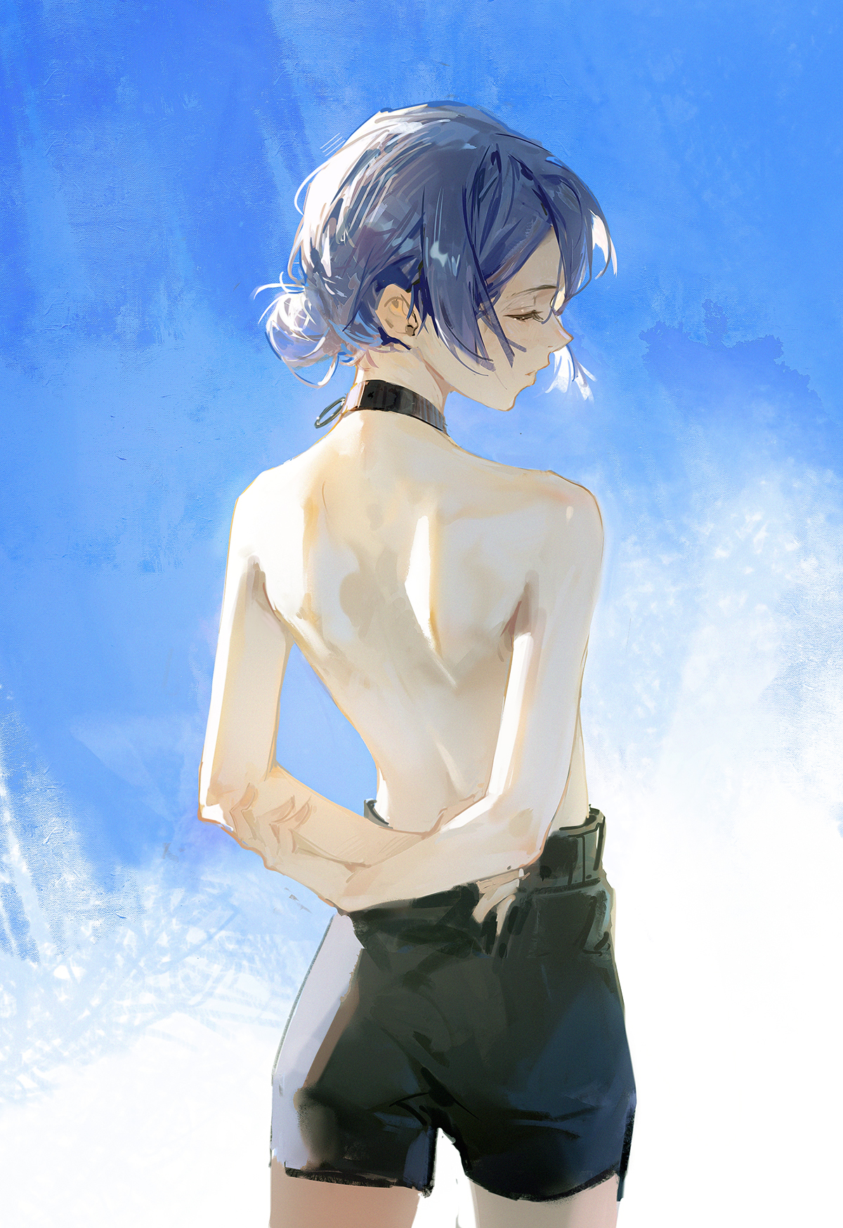 Reze Chainsaw Man Portrait Display Closed Eyes Blue Hair Arms Behind Back Rear View 1200x1749