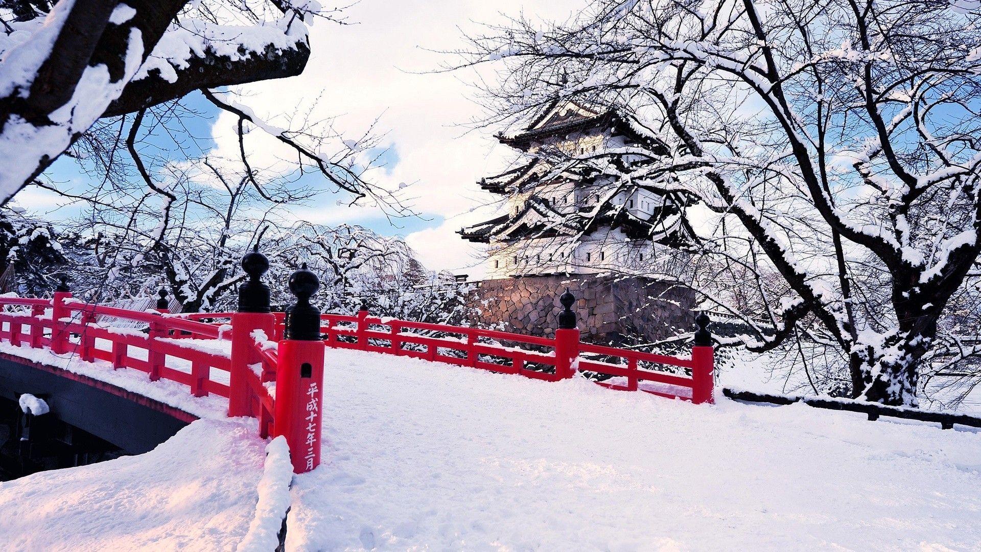 Japan Winter Red Bridge Snow Trees Asian Architecture Clouds 1920x1080