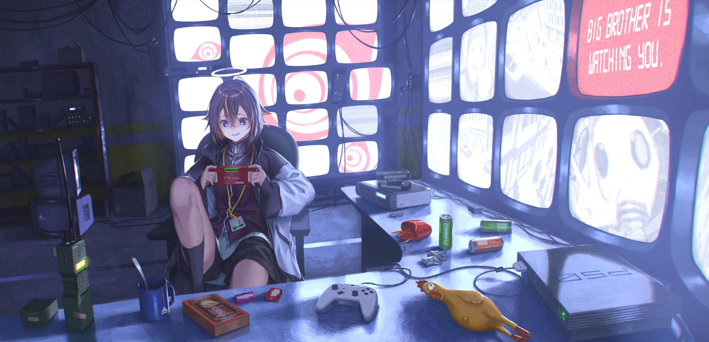 Anime Anime Girls Artwork Controllers Nintendo Switch PlayStation Display Walkie Talkie Glowing Tech 3000x1447