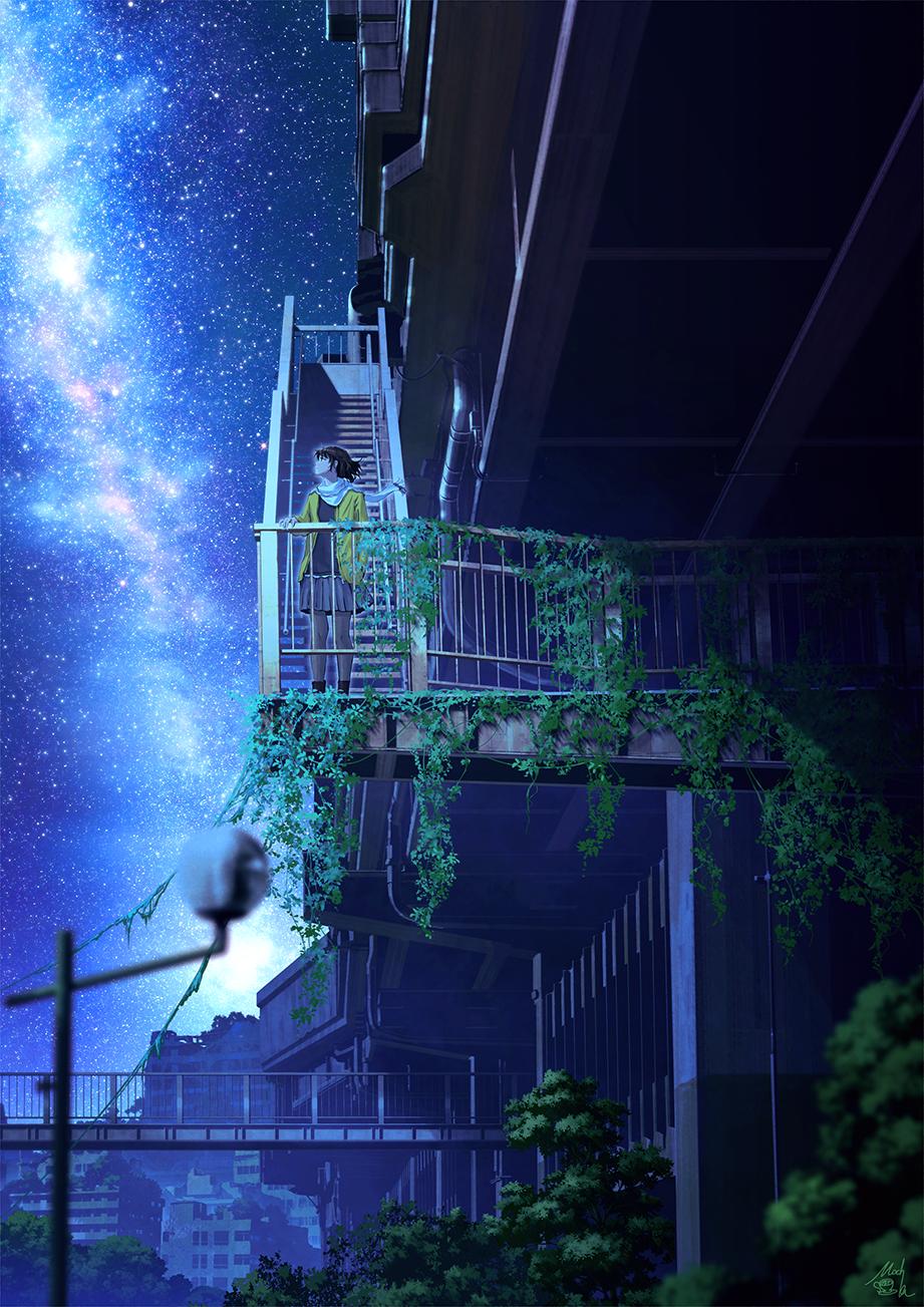 Pixiv Anime Stairs Milky Way Looking Away Nebula Starred Sky Night Portrait Display Anime Girls Sky  921x1303