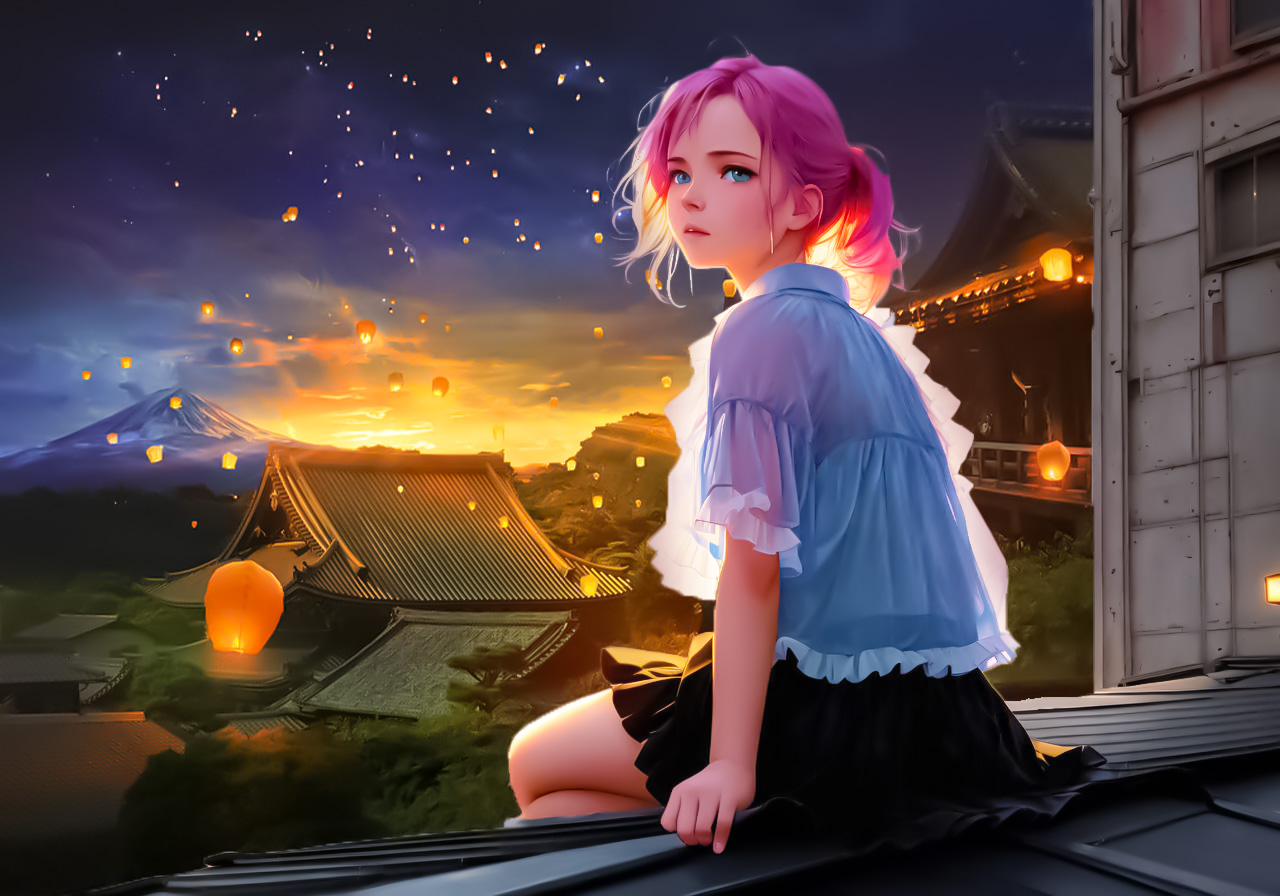 Anime Girls Sky Anime Edit Sunset Glow Looking At Viewer Lantern Pink Hair Looking Back Blue Eyes Le 1280x896
