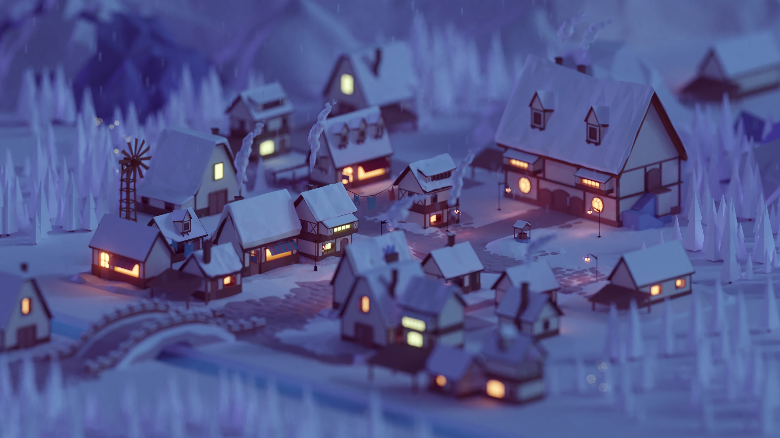 Digital Art Fantasy Art Nature CGi House Winter Snow Lights Evening Village Trees Bridge Mohamed Cha 2560x1440
