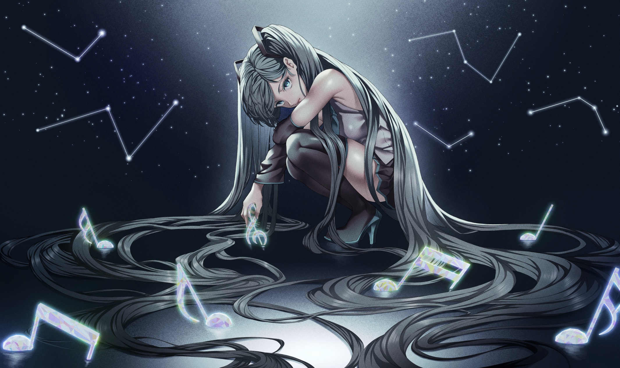 Anime Anime Girls Hatsune Miku Vocaloid Looking At Viewer Musical Notes Starry Night Zodiac Twintail 2131x1265