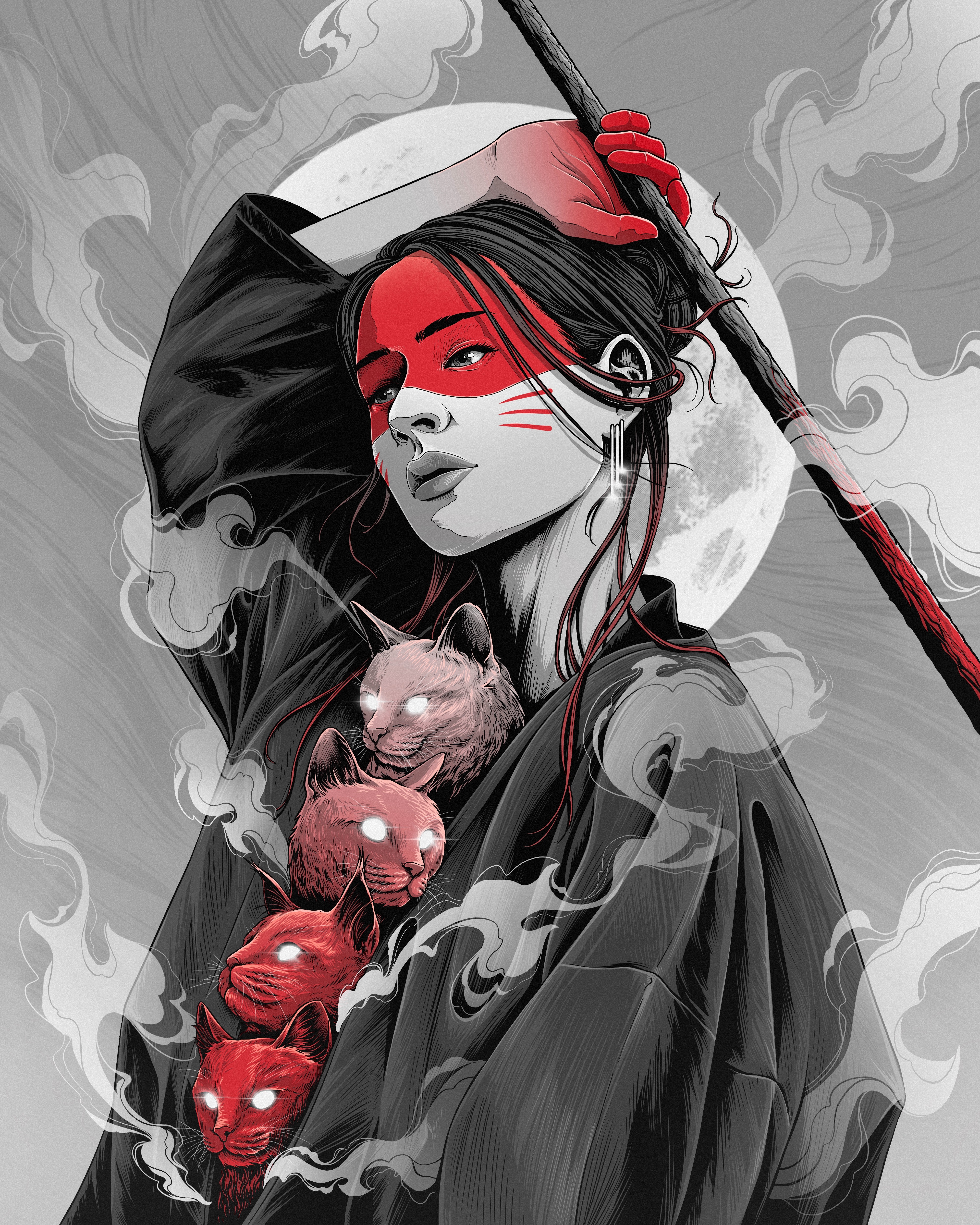 Digital Digital Art Artwork Illustration Drawing Portrait Red Women Cats Abstract 4000x5000