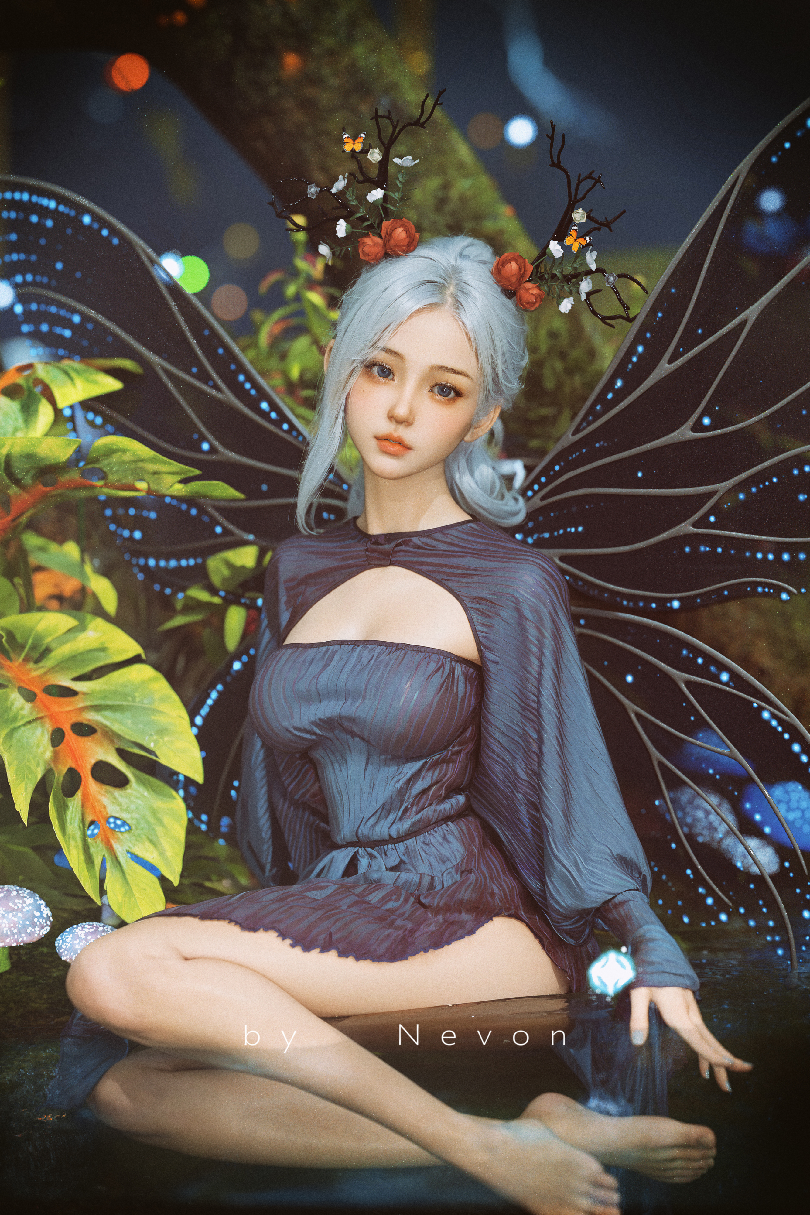 Digital Art Artwork Illustration CGi Portrait Display Butterfly Wings Gray Hair Sitting Fantasy Girl 2667x4000