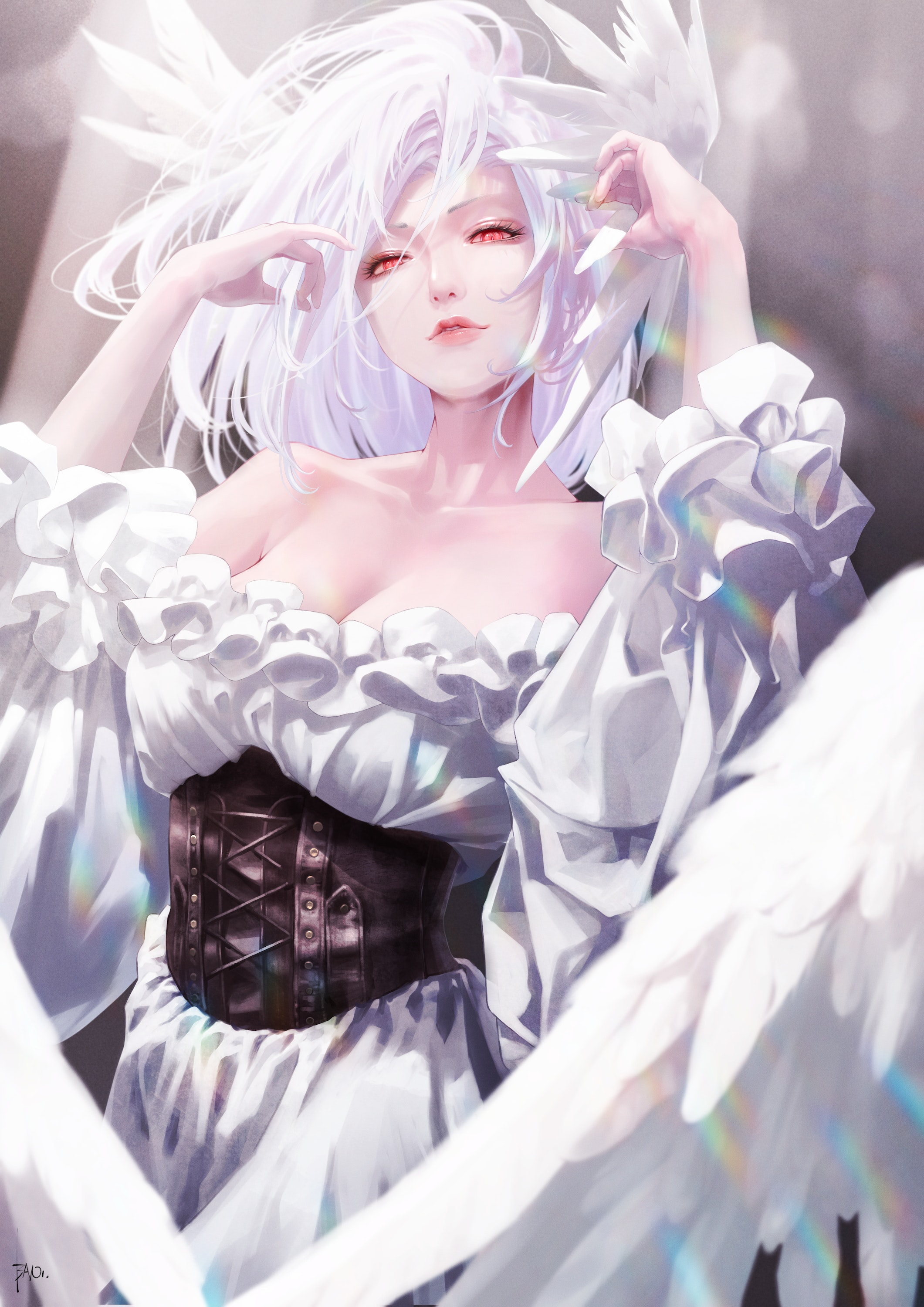 Digital Art Artwork Illustration Women Anime Anime Girls Long Hair White Hair Dress White Dress Wing 2121x3000
