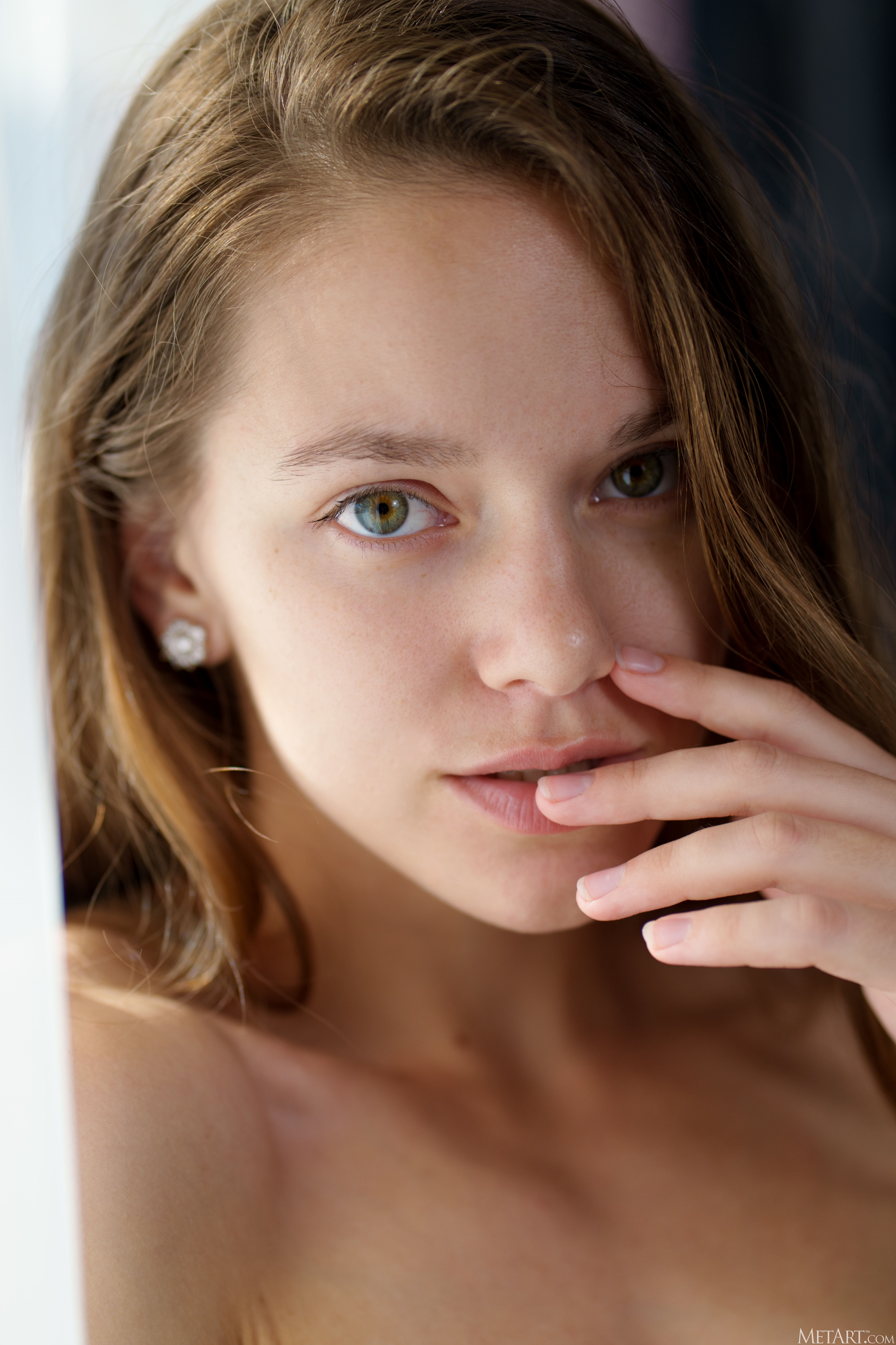 Watermarked Closeup Looking At Viewer Face Brunette Finger On Lips Ear Studs Women Model Portrait 2667x4000