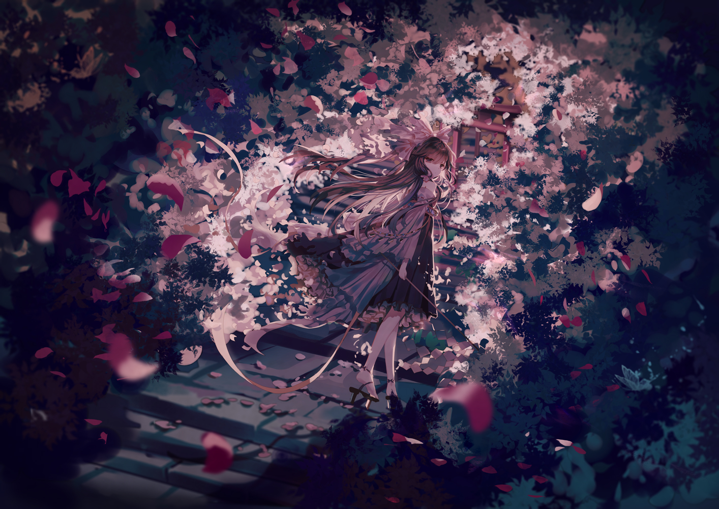 Anime Anime Girls Standing Stairs Torii Petals Dress Looking Back Long Hair Looking At Viewer Heels 1414x1000