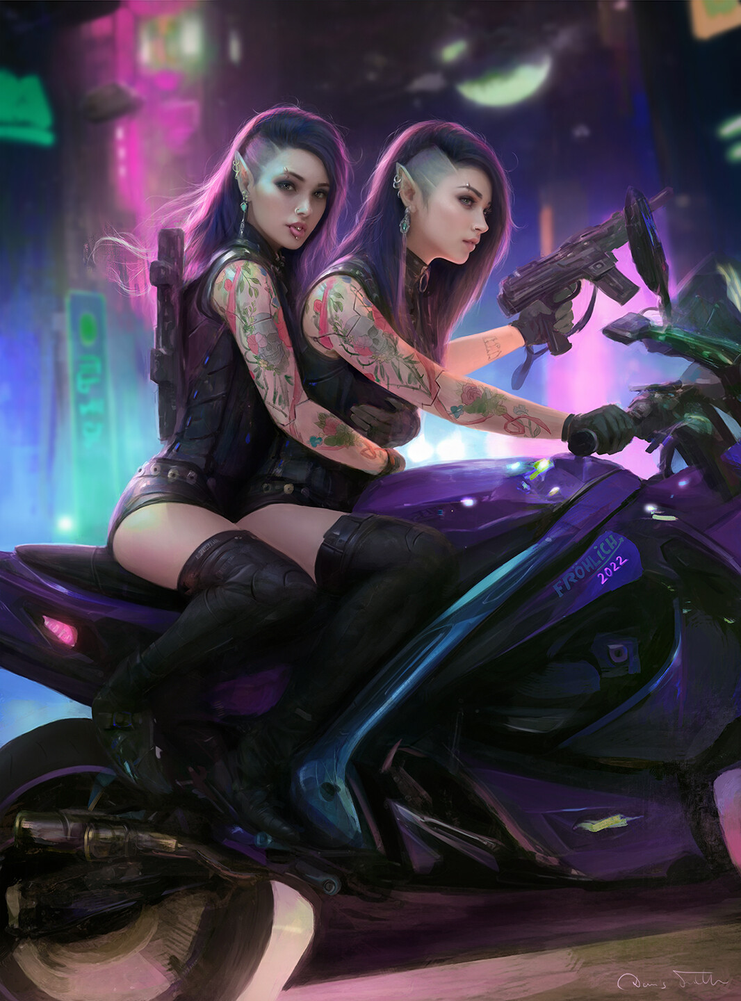 Dennis Frohlich Drawing Two Women Cyberpunk Pointy Ears Tattoo Motorcycle Vehicle Portrait Display G 1066x1440