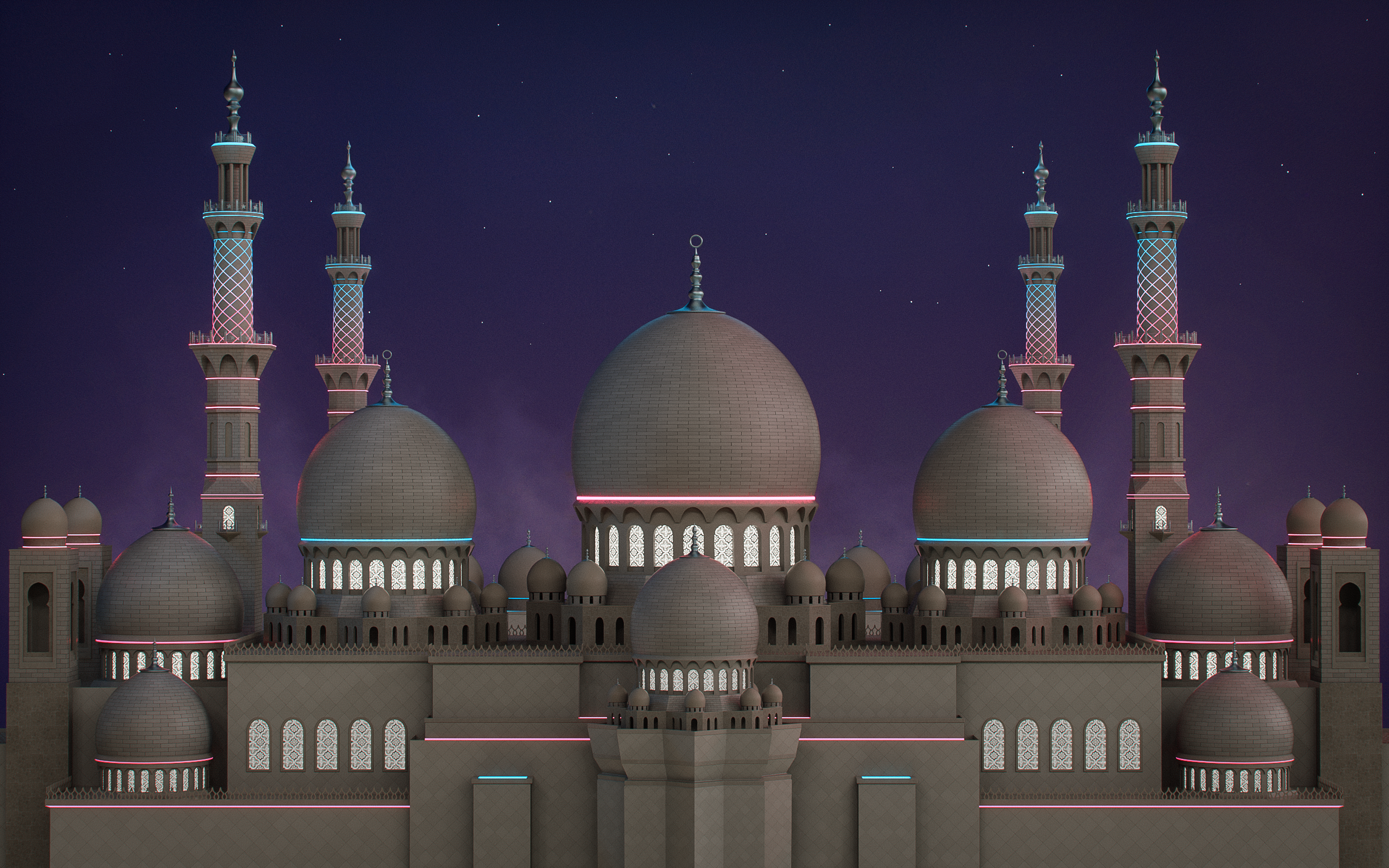 Neon Arabic Architecture Tower Palace Night Stars Cinema 4D CGi Abstract 3D Abstract Smoke Dust Digi 2560x1600