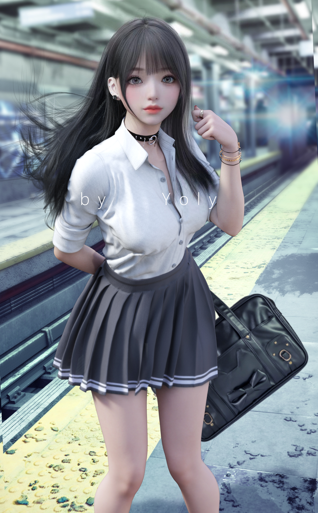CGi Digital Art School Skirt School Uniform Schoolgirl Yoly Long Hair 1317x2121