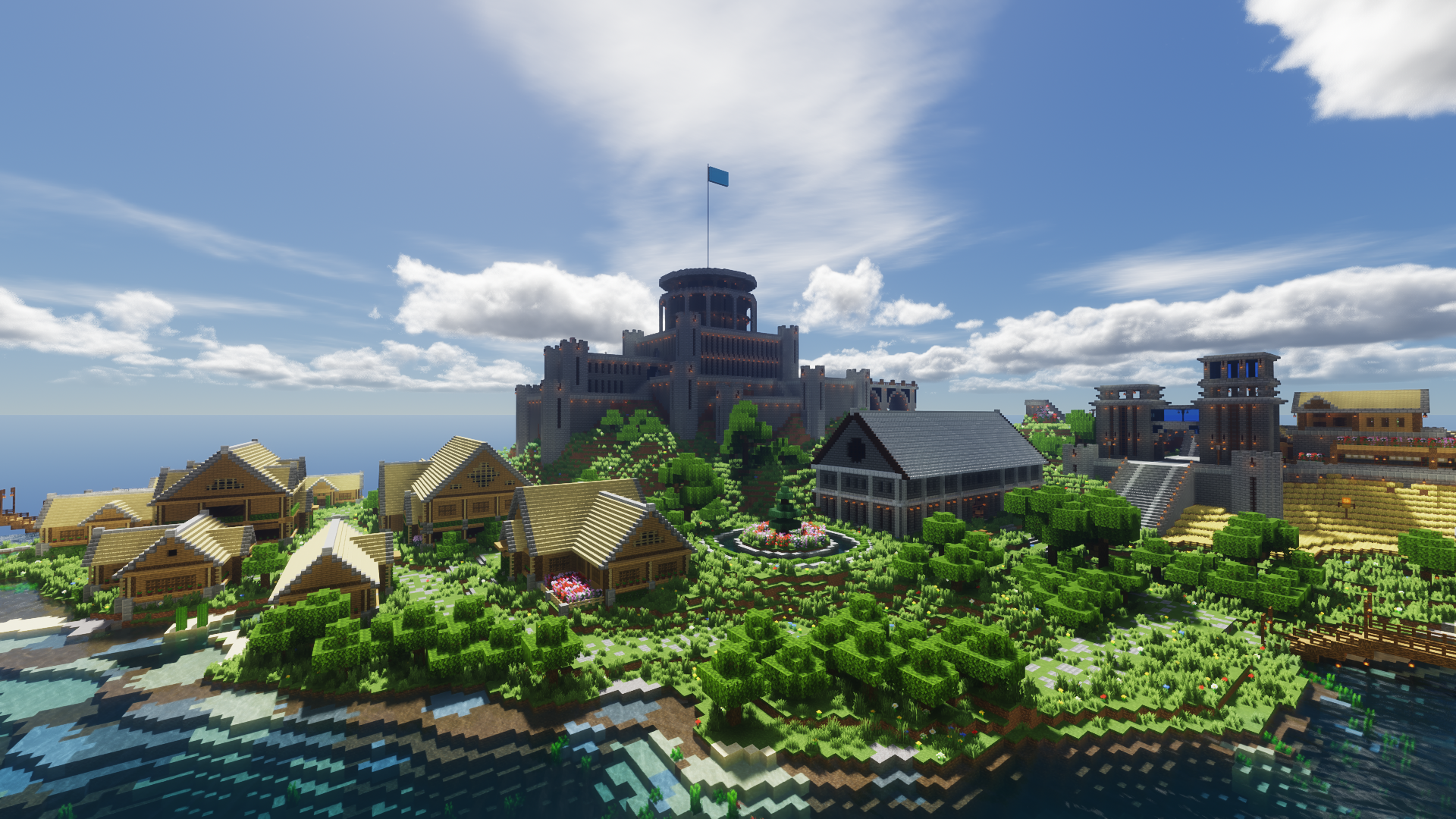 Building Minecraft Video Games CGi Clouds Village Castle Flag Water Sky 1920x1080