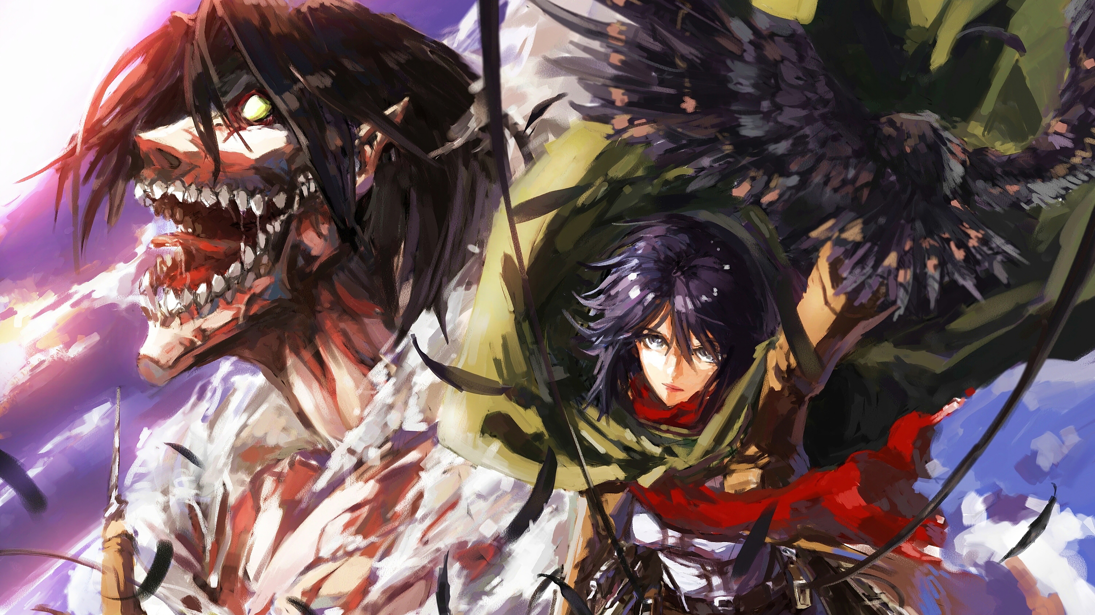 Shingeki No Kyojin Eren Jeager Giant Mikasa Ackerman Steam Vapor Raven Black Hair Scarf Sky Titans A 3840x2160