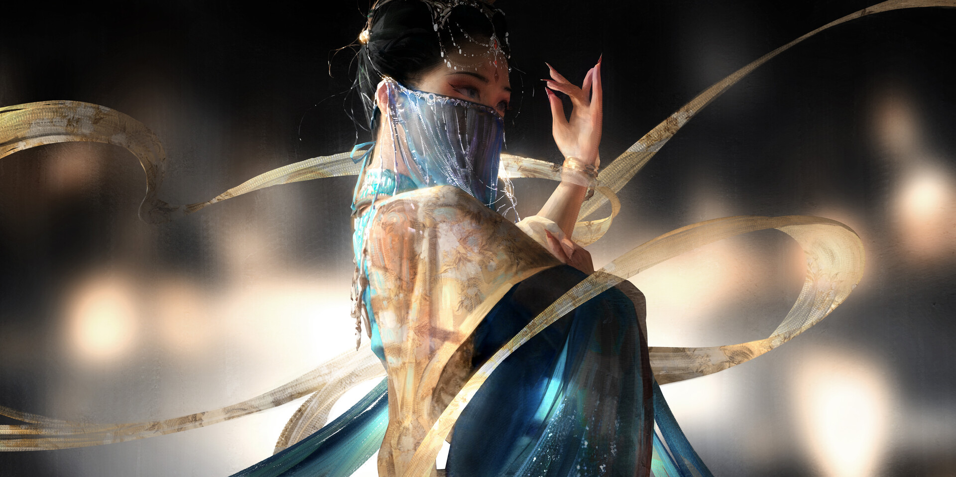 DannyLaiLai Illustration Digital Art Dancer Women Chinese Clothing Dancing Veils Silk Headdress Look 1920x958