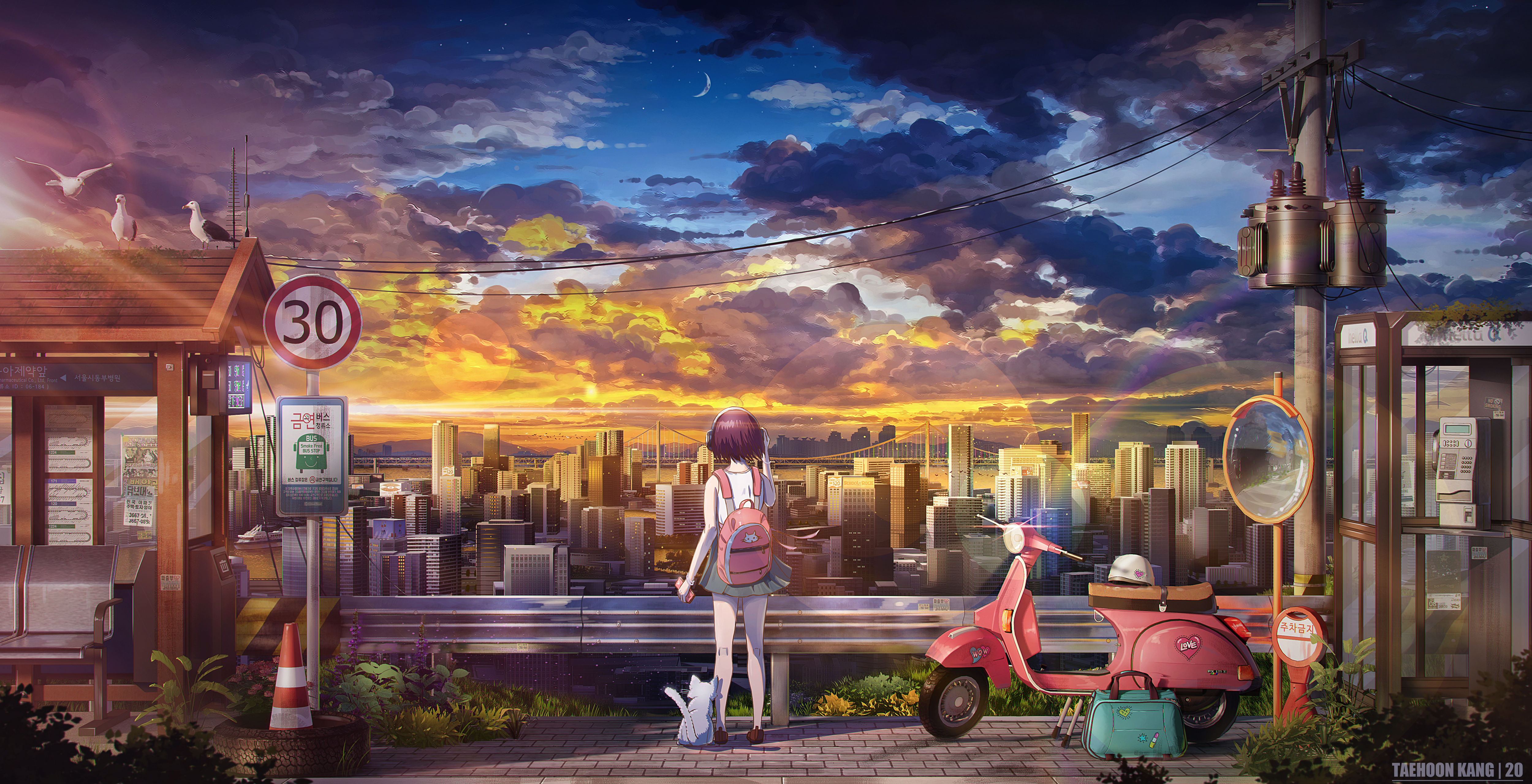Illustration Anime Girls Cats City Clouds Scooters Sky Schoolgirl School Uniform Sunset Glow Citysca 5000x2559