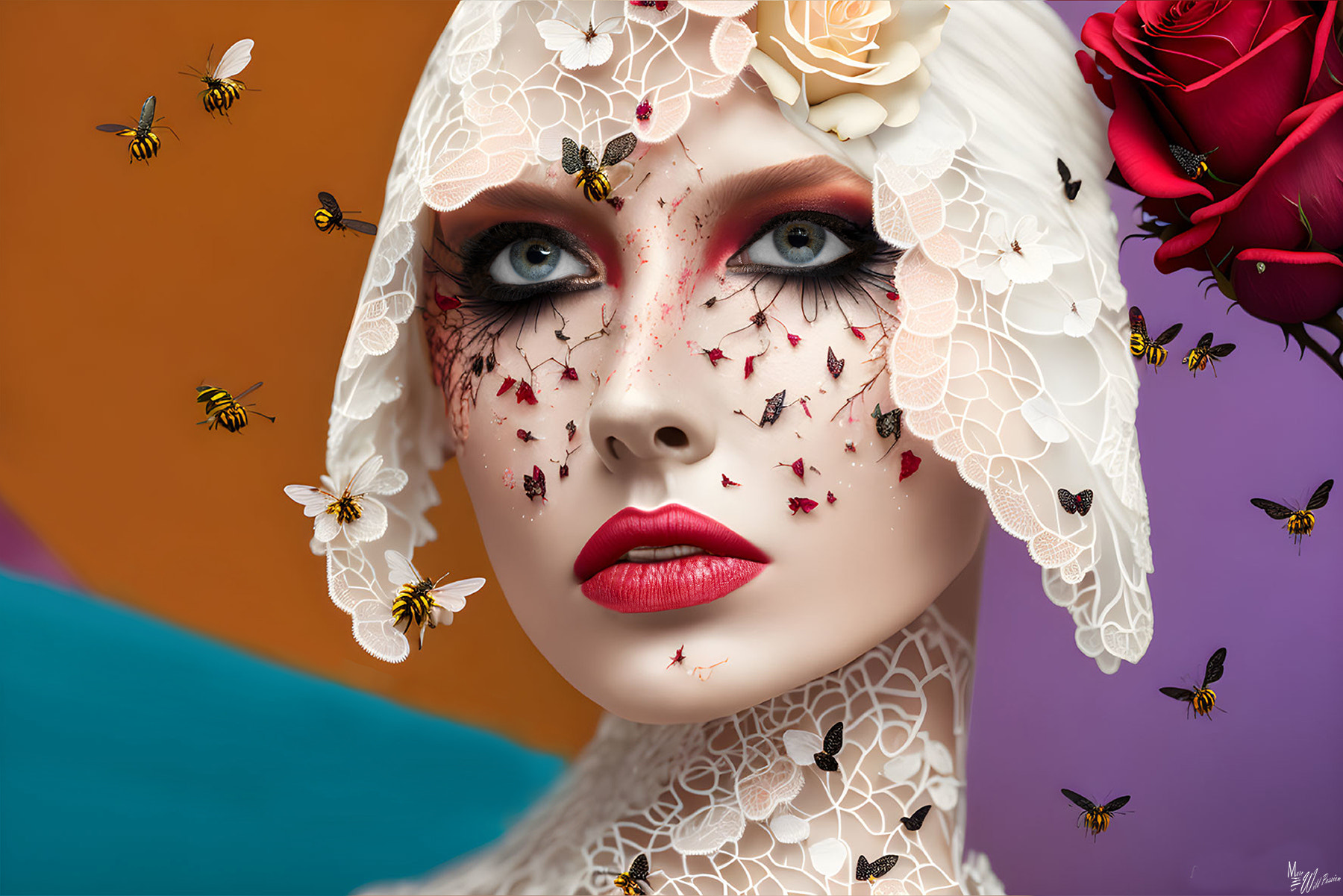 Marc Lamey Women Portrait Bees Glamour Face Paint Eyeshadow Lipstick Makeup Purple Blue Orange Rose  1800x1201