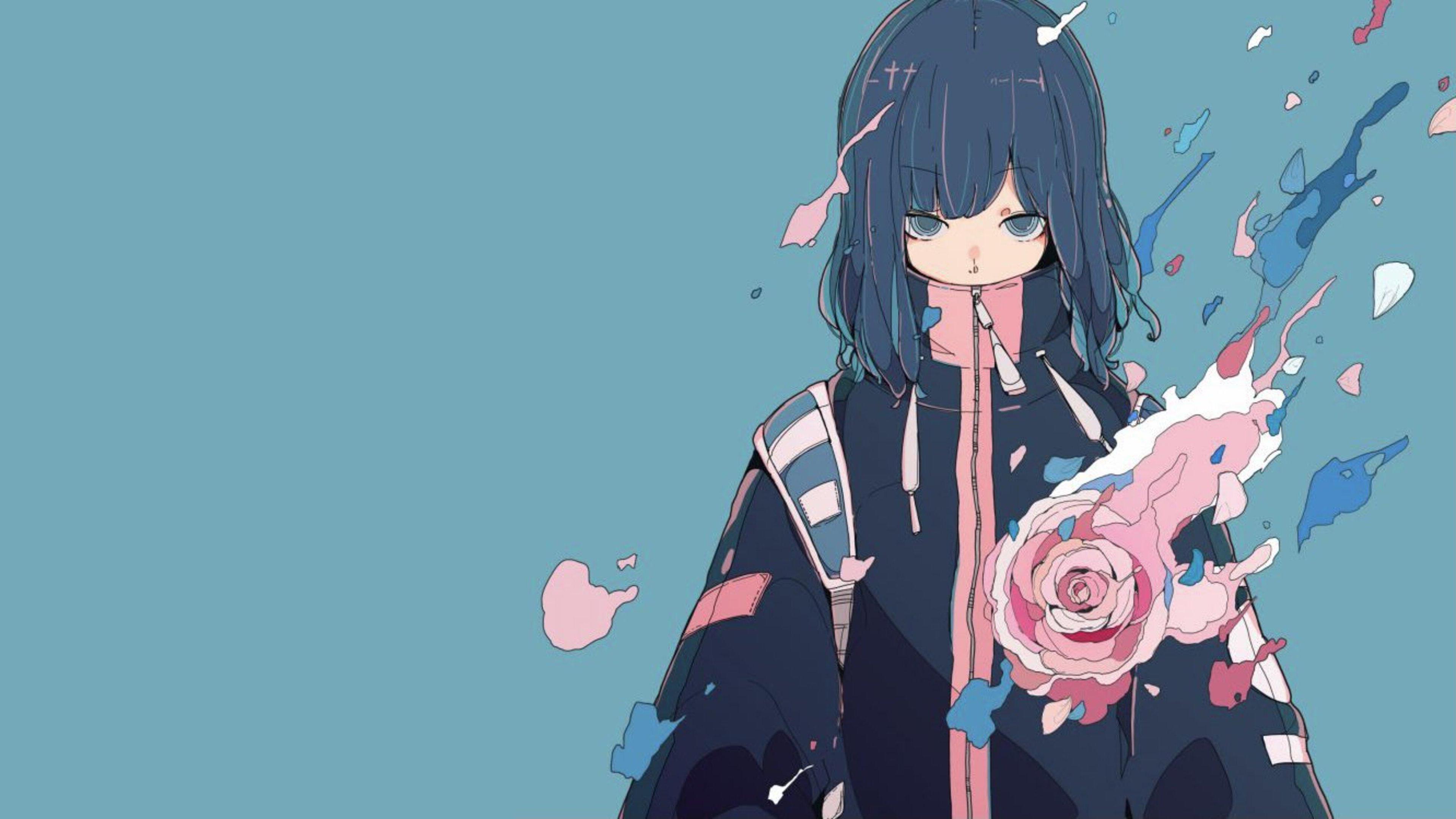 Daisukerichard Anime Girls Original Characters Minimalism Rose Blue Background Simple Background Loo 3840x2160