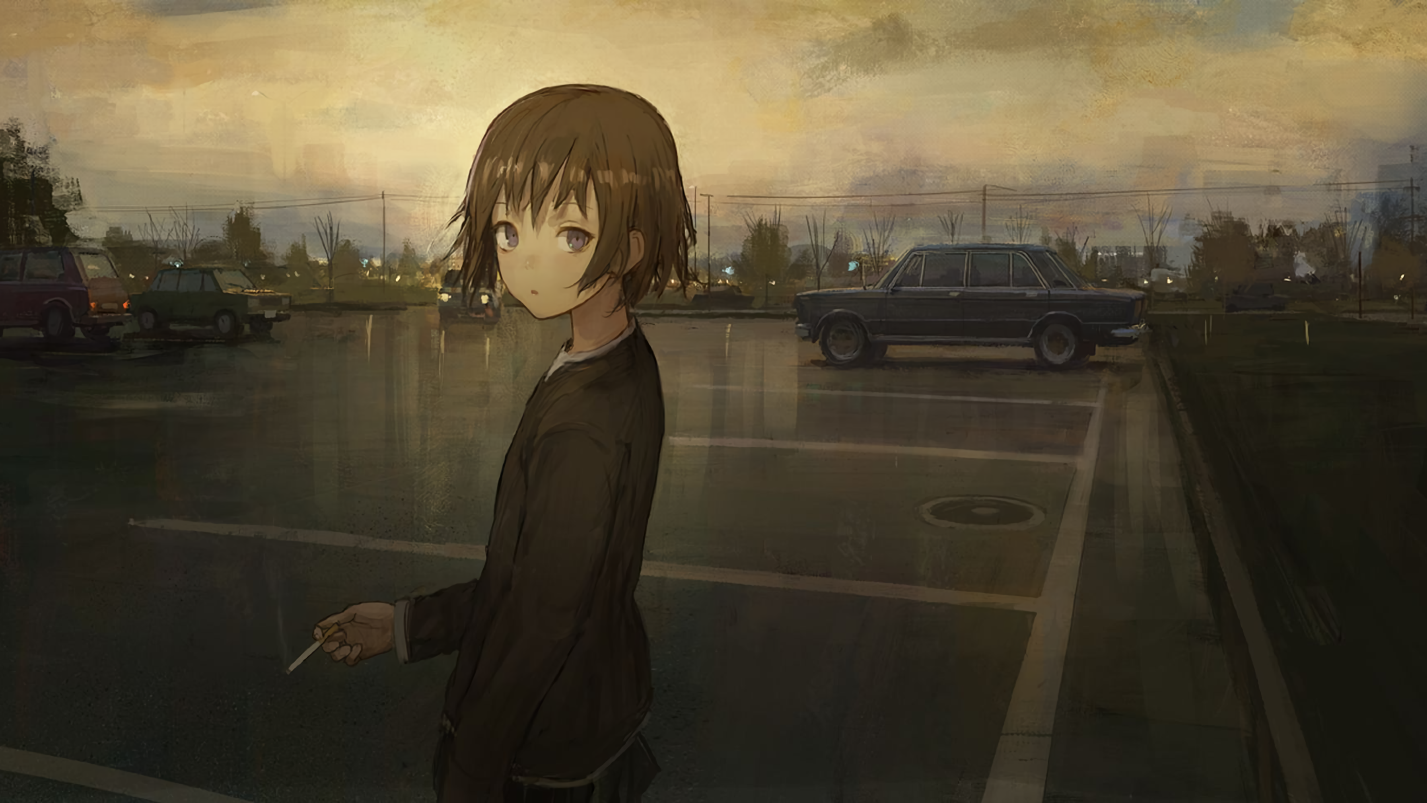 Smoking Anime Girls Solo Short Hair Brunette Looking At Viewer Car Parking Lot City Power Lines Ciga 2773x1560