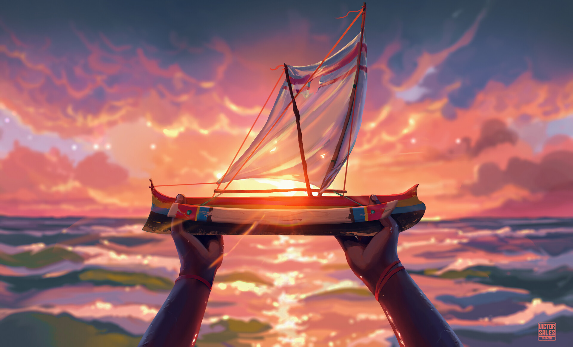 Victor Sales Digital Art Fantasy Art Water ArtStation Boat Landscape Sunset Clouds Sunset Glow Sunli 1920x1164