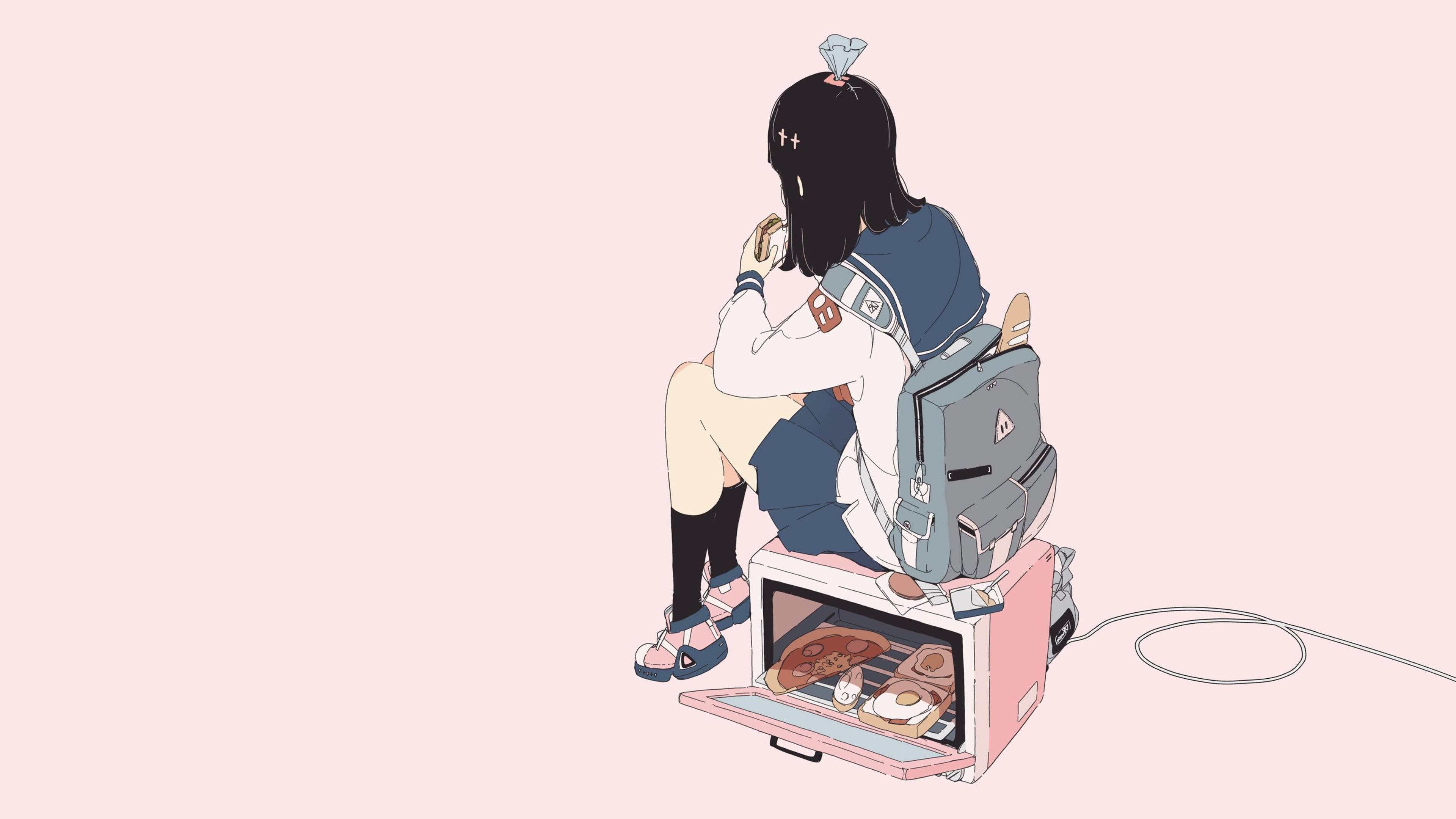 Daisukerichard Anime Girls Original Characters Minimalism Backpacks Sitting Simple Background 3840x2160