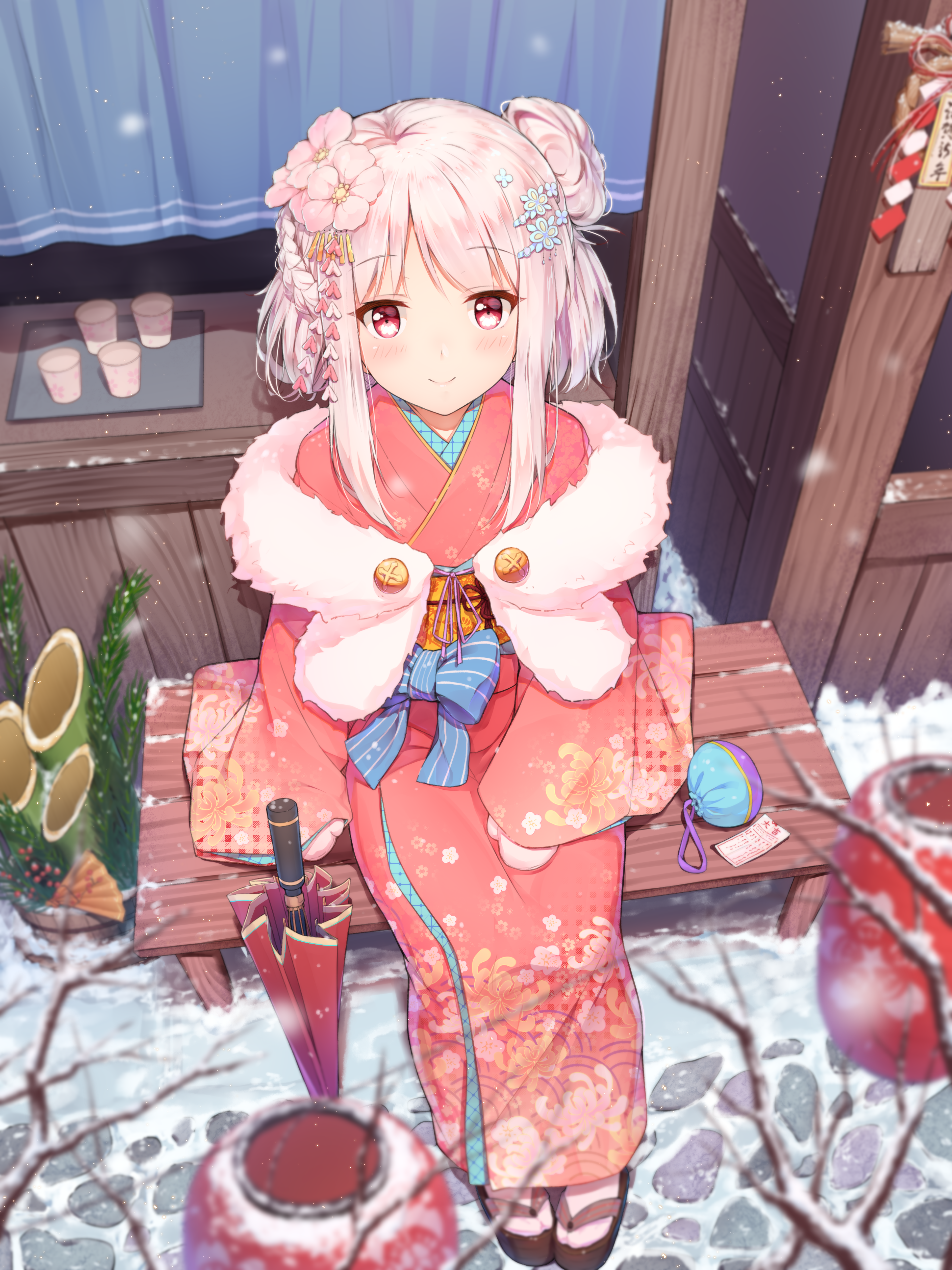 Video Game Characters Girls Book Maker Anime Girls Hairbun Flower In Hair Kimono Vertical 2894x3860