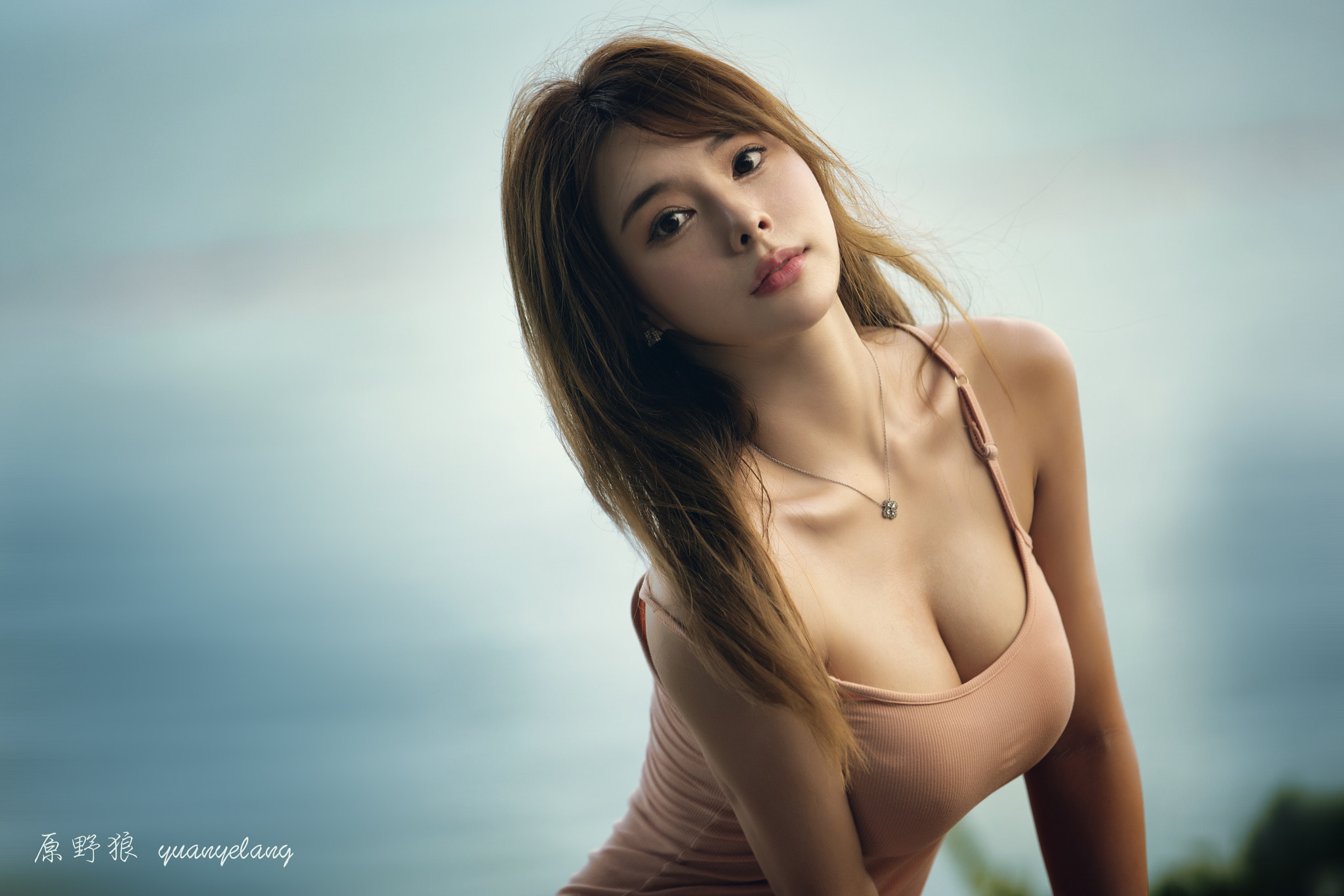 Yuan Yelang Women Asian Brunette Long Hair Tank Top Necklace Depth Of Field Sky Model Women Outdoors 2048x1365