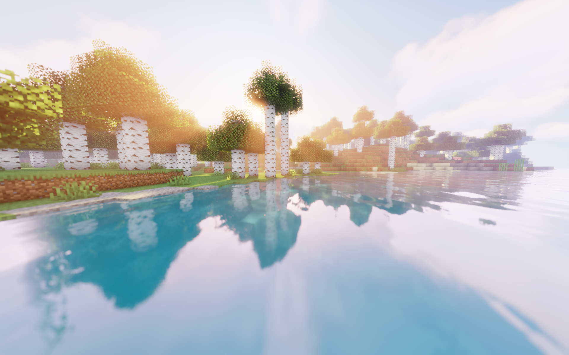 Minecraft Shaders Video Games CGi Video Game Art Cube Water Trees Sky Clouds Nature Reflection 1920x1200