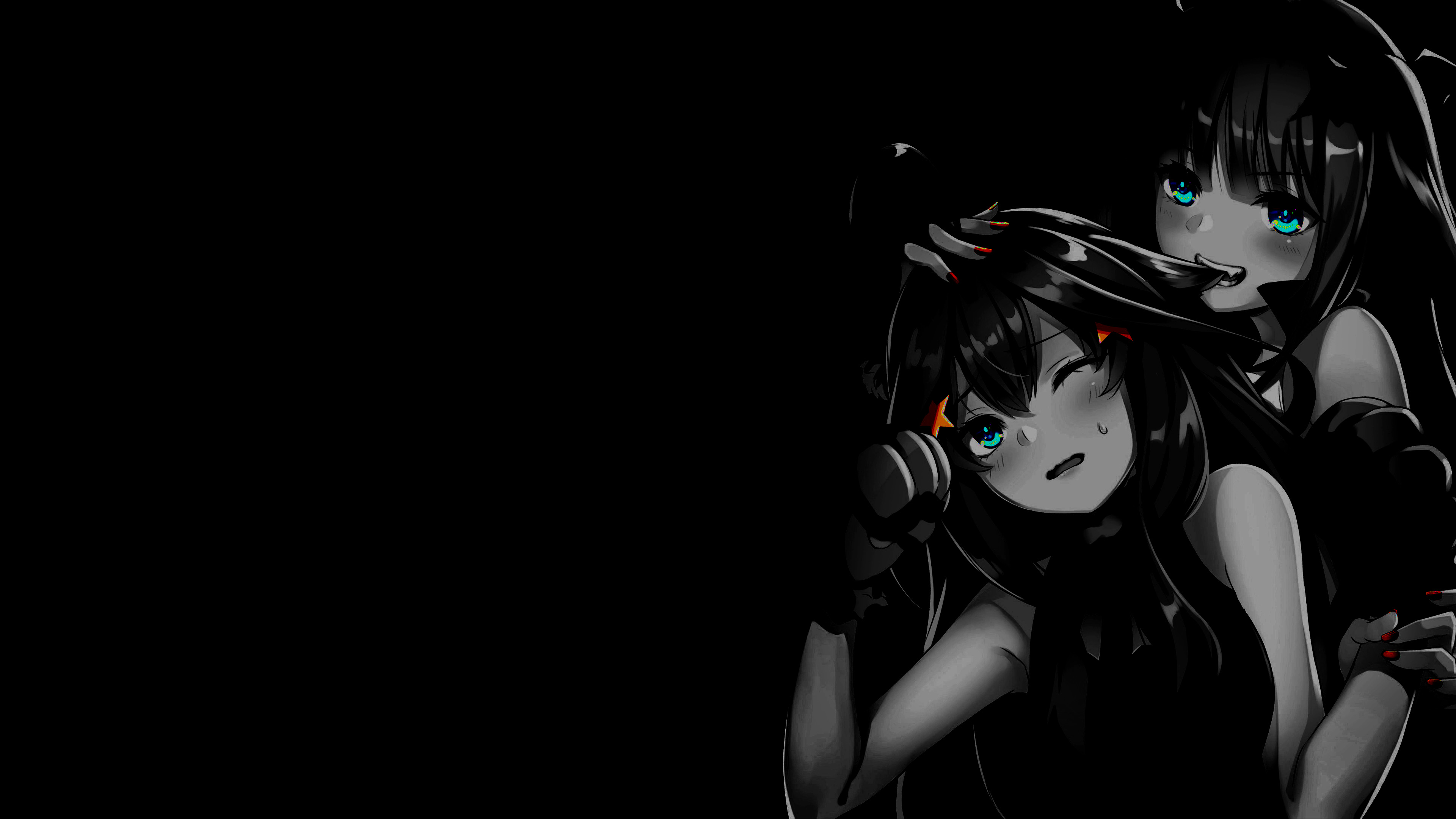Selective Coloring Anime Girls Monochrome Simple Background Black Background One Eye Closed Biting 3840x2160