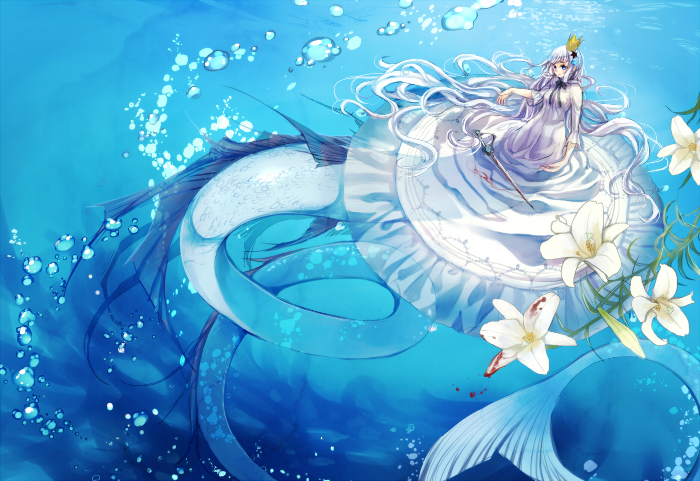 Anime Anime Girls Water Flowers Bubbles Tail Mermaids Long Hair Dress Underwater Crown Weapon 1395x960