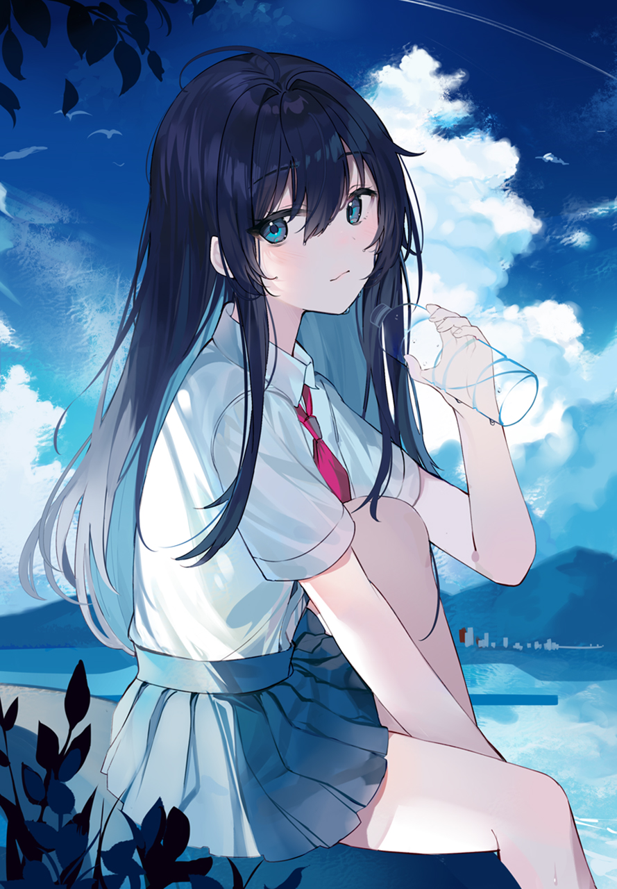 Aroamoyasi Original Characters Anime Girls Vertical Schoolgirl School Uniform Water Bottle Clouds Sk 889x1280