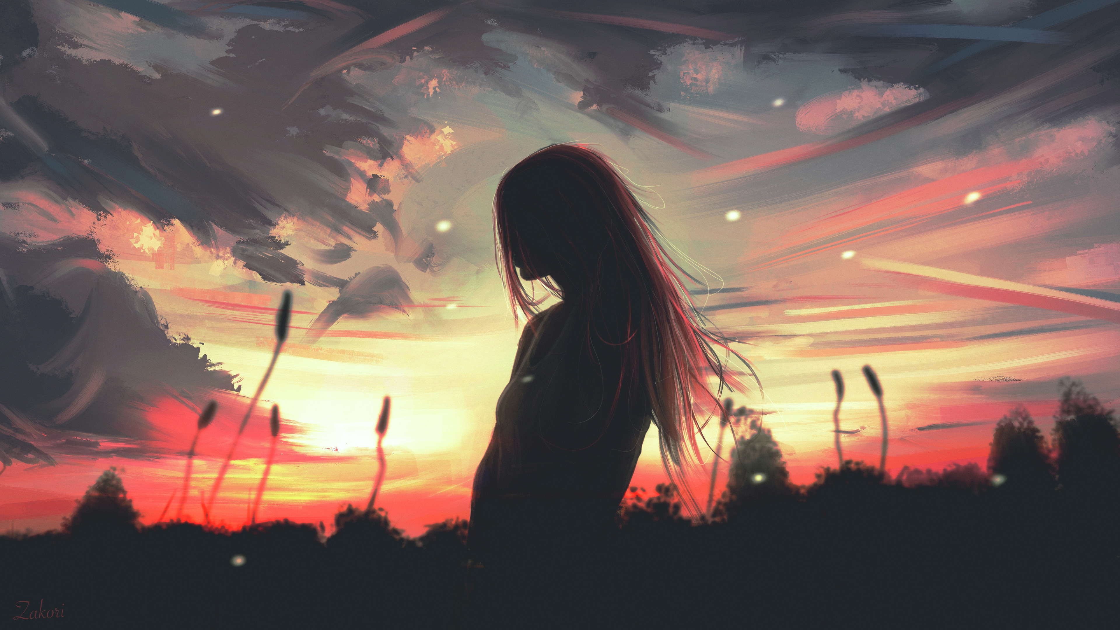 Digital Art Artwork Illustration Women Silhouette Sunset Long Hair Clouds Painting 4K Sunset Glow Sk 3840x2160