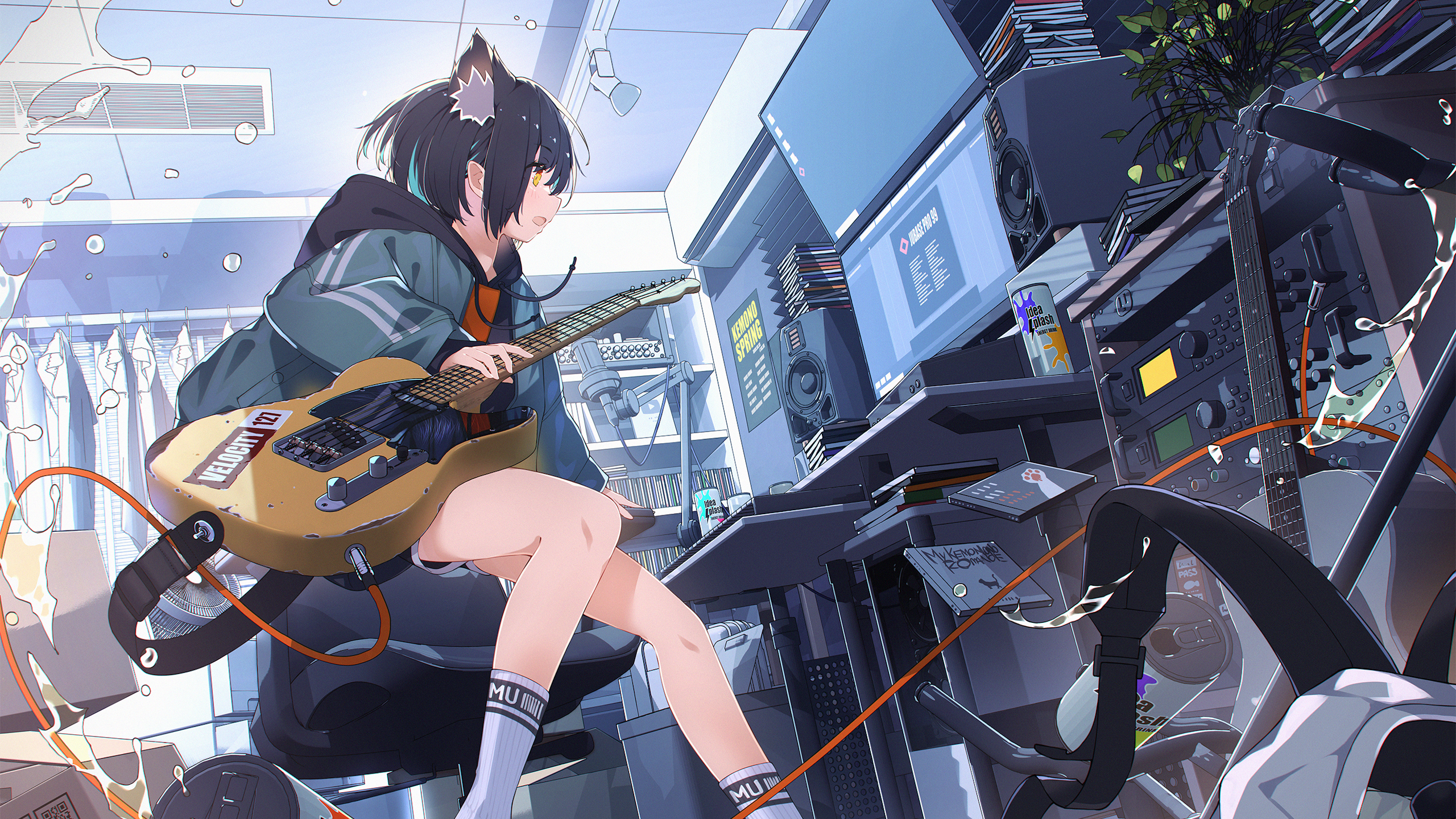 Anime Girls Digital Art Artwork Guitar Room Cat Girl Monitor Computer Telecaster Sitting Musical Ins 2560x1440
