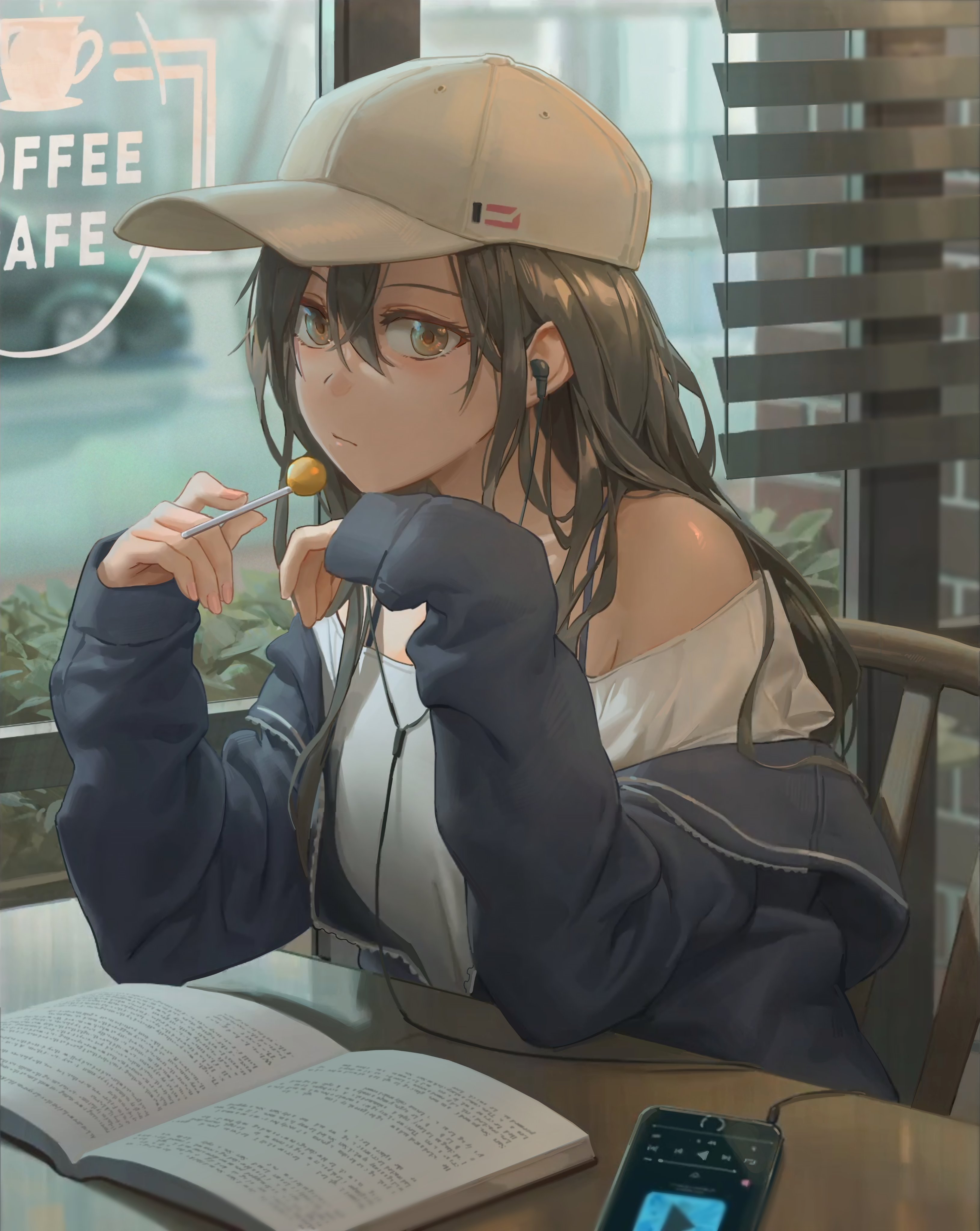 Anime Anime Girls Hat Smartphone Looking At Viewer Sitting Cafe Long Hair Blue Hoodie Lollipop Books 3260x4096