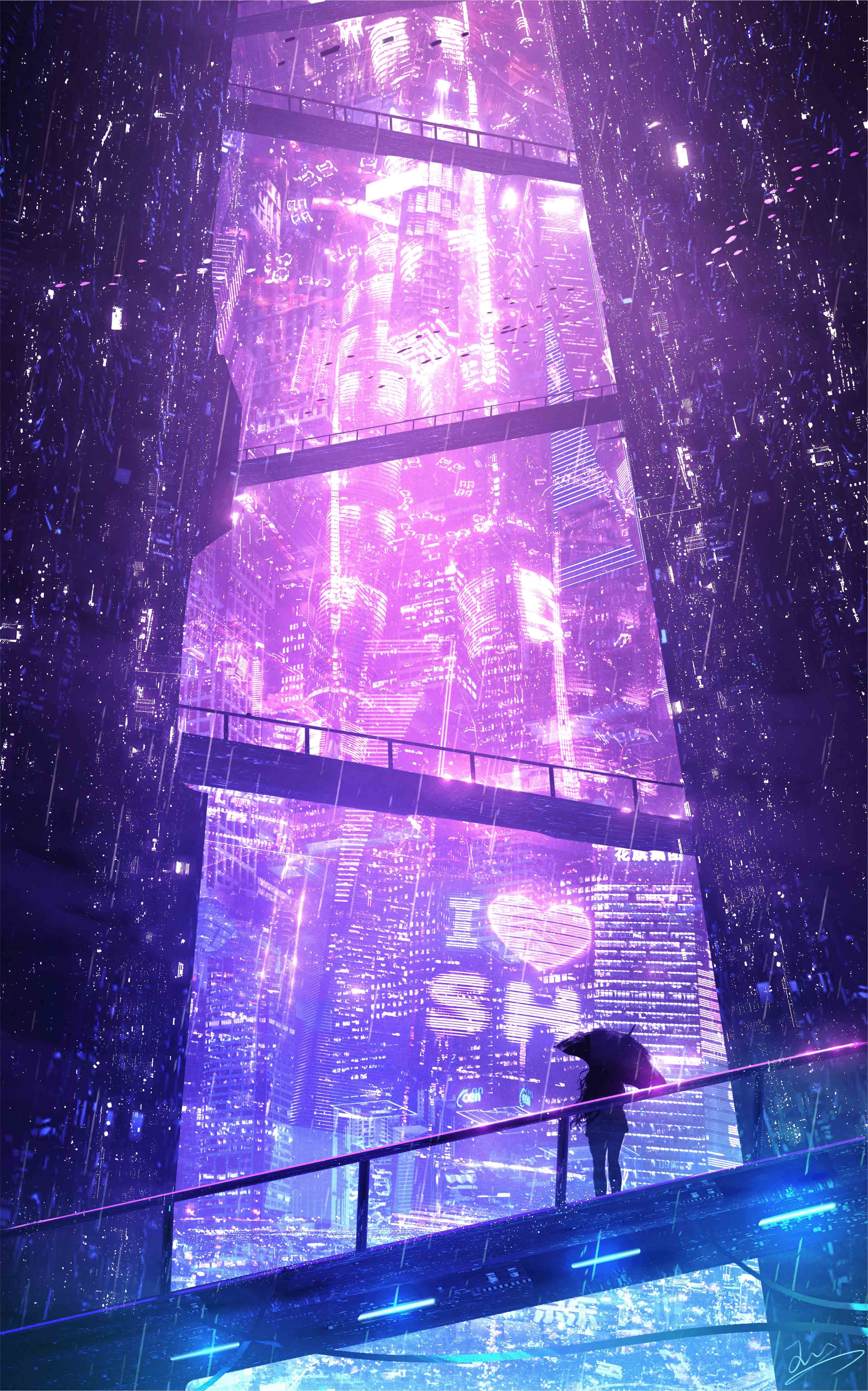 HuashiJW Cityscape Lights Anime Girls Digital Art 3489x5590