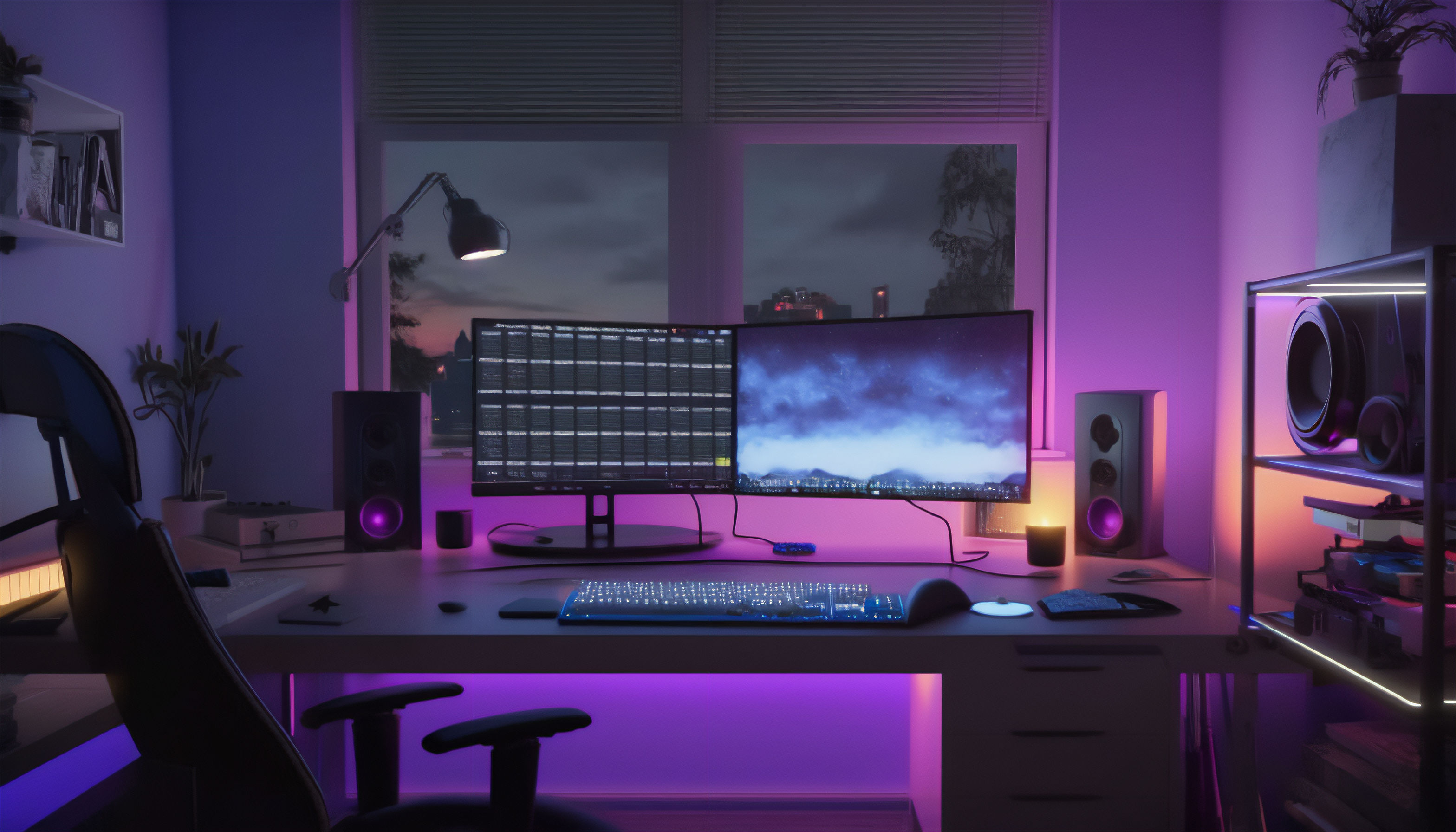 Ai Art City Desk Lamp Computer Computer Screen Purple Chair 3136x1792