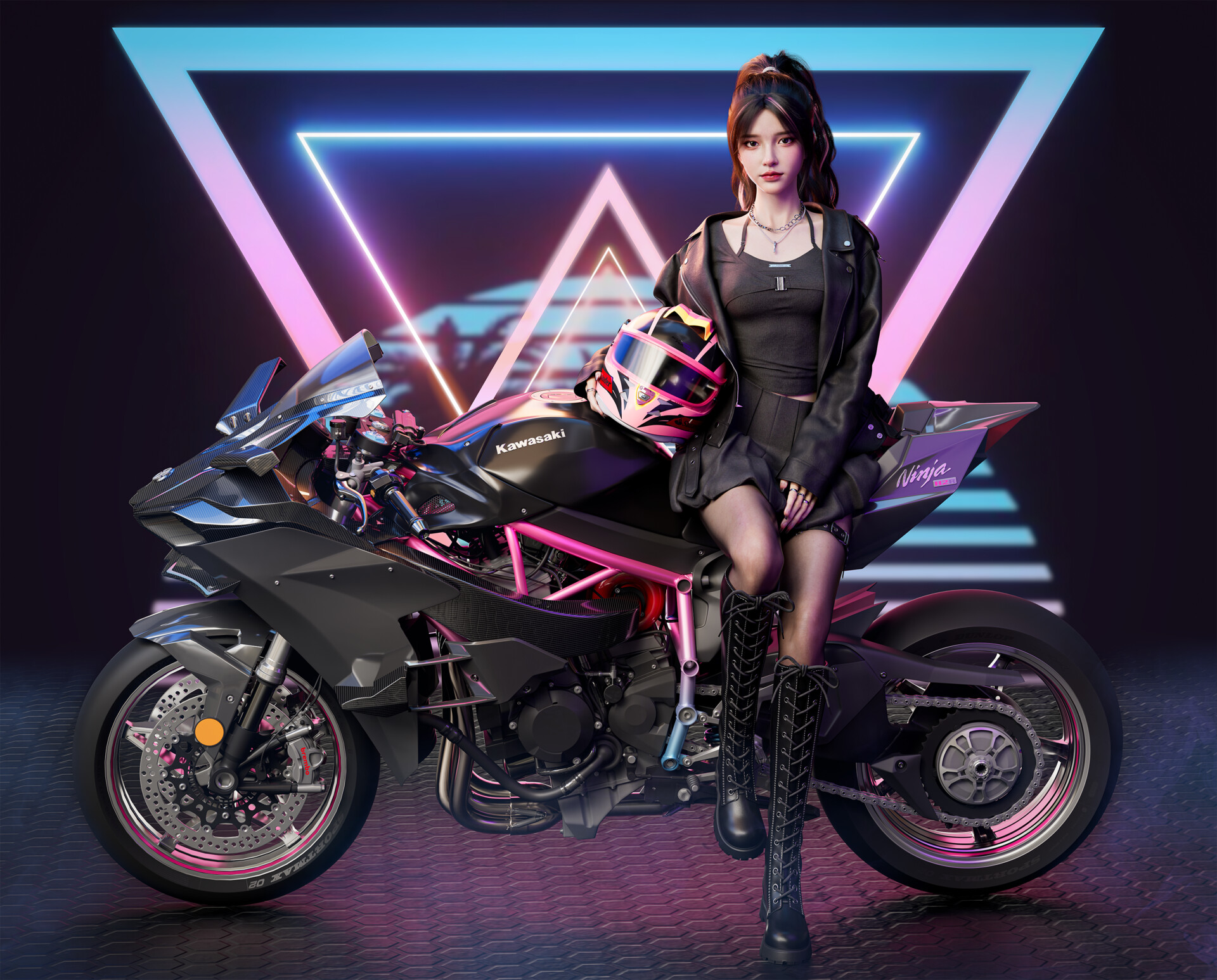 Shuai Liu CGi Women Dark Hair Looking At Viewer Jacket Black Clothing Motorcycle Neon Glow 3D 1920x1547