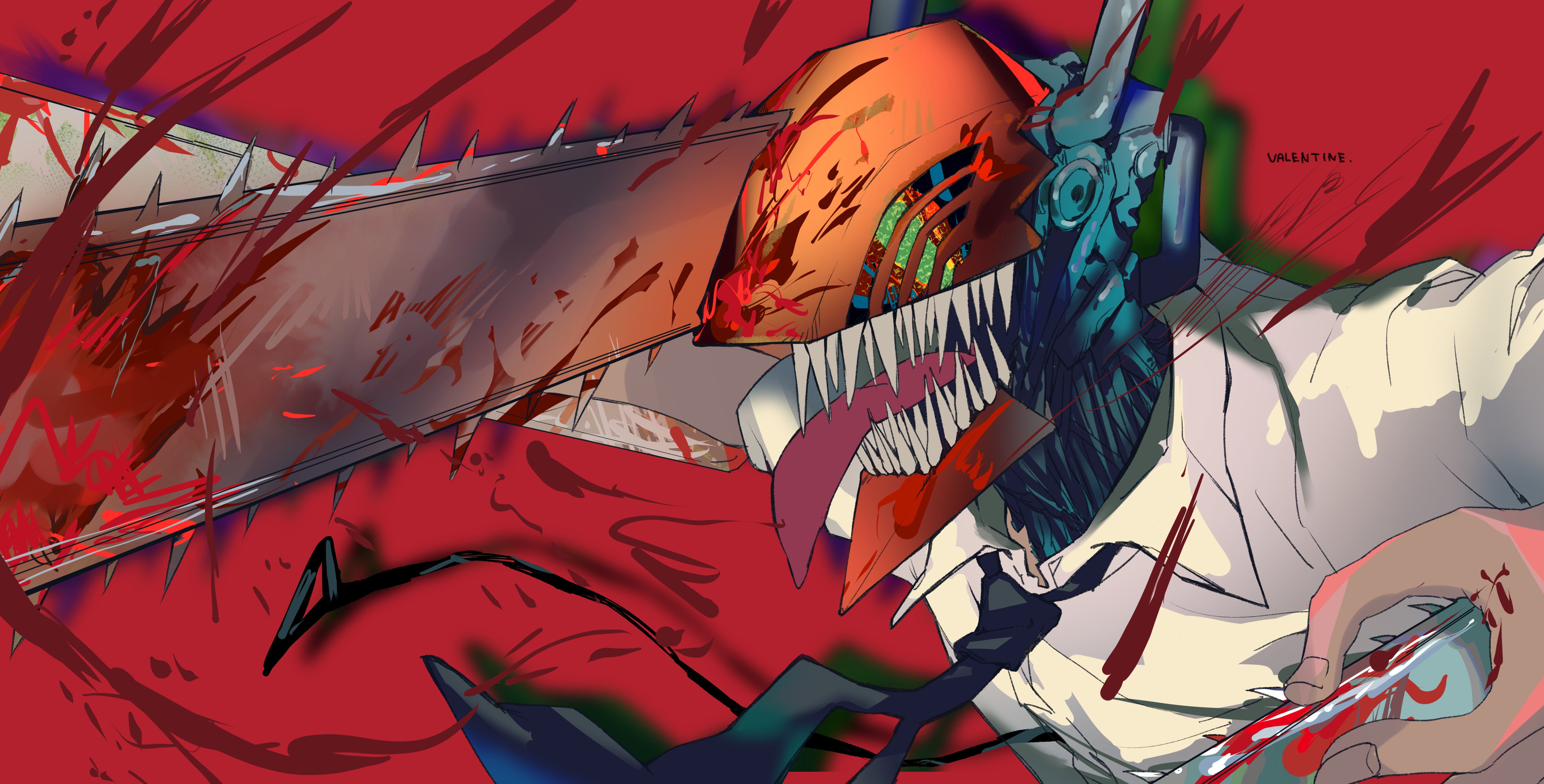 Chainsaw Man Denji Chainsaw Man Chainsaws Blood Covered Body Red Background Anime Boys Anime 4529x2300