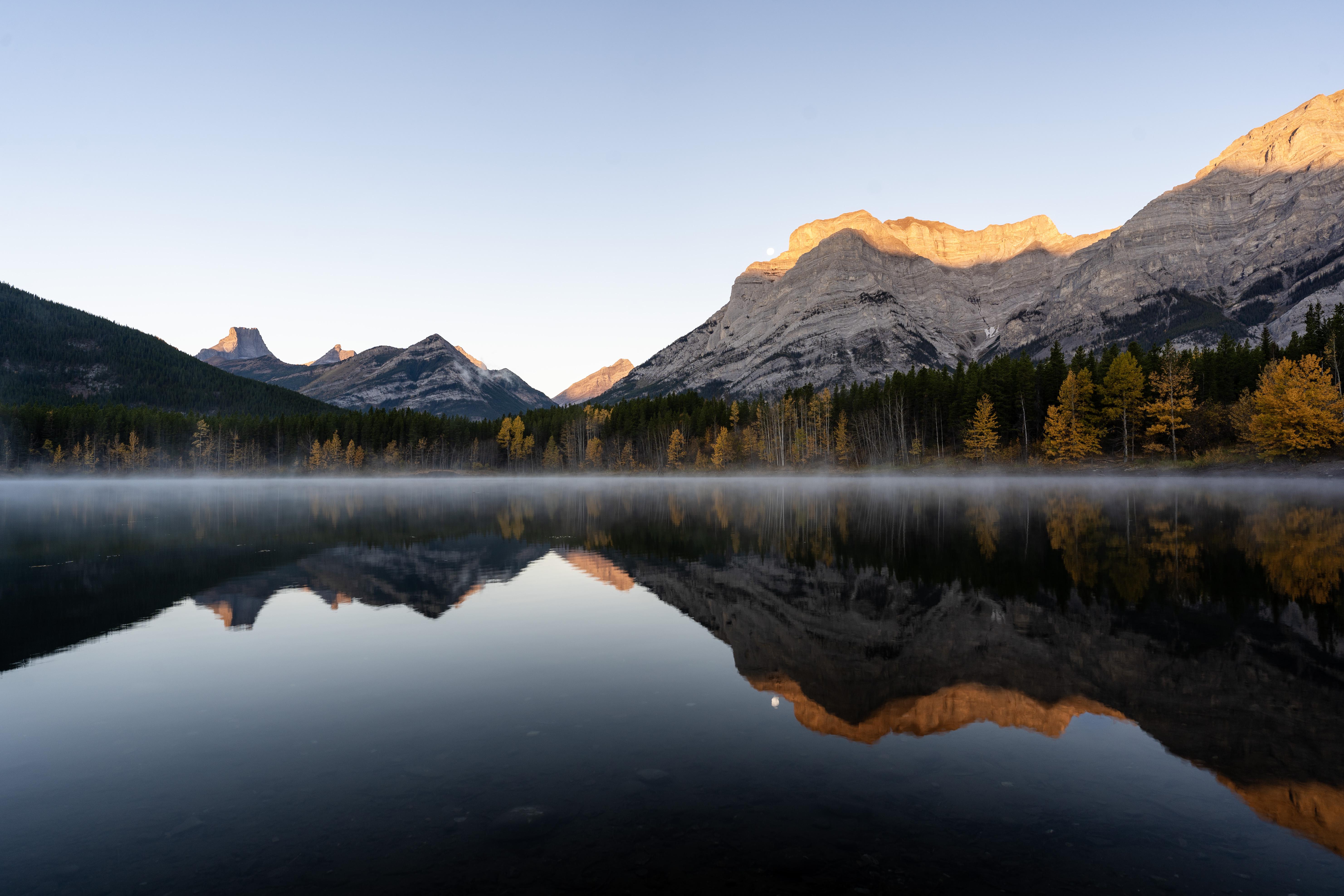 Lake Landscape Nature Forest Mountains Canada Mist Clear Sky Reflection Water 5926x3951