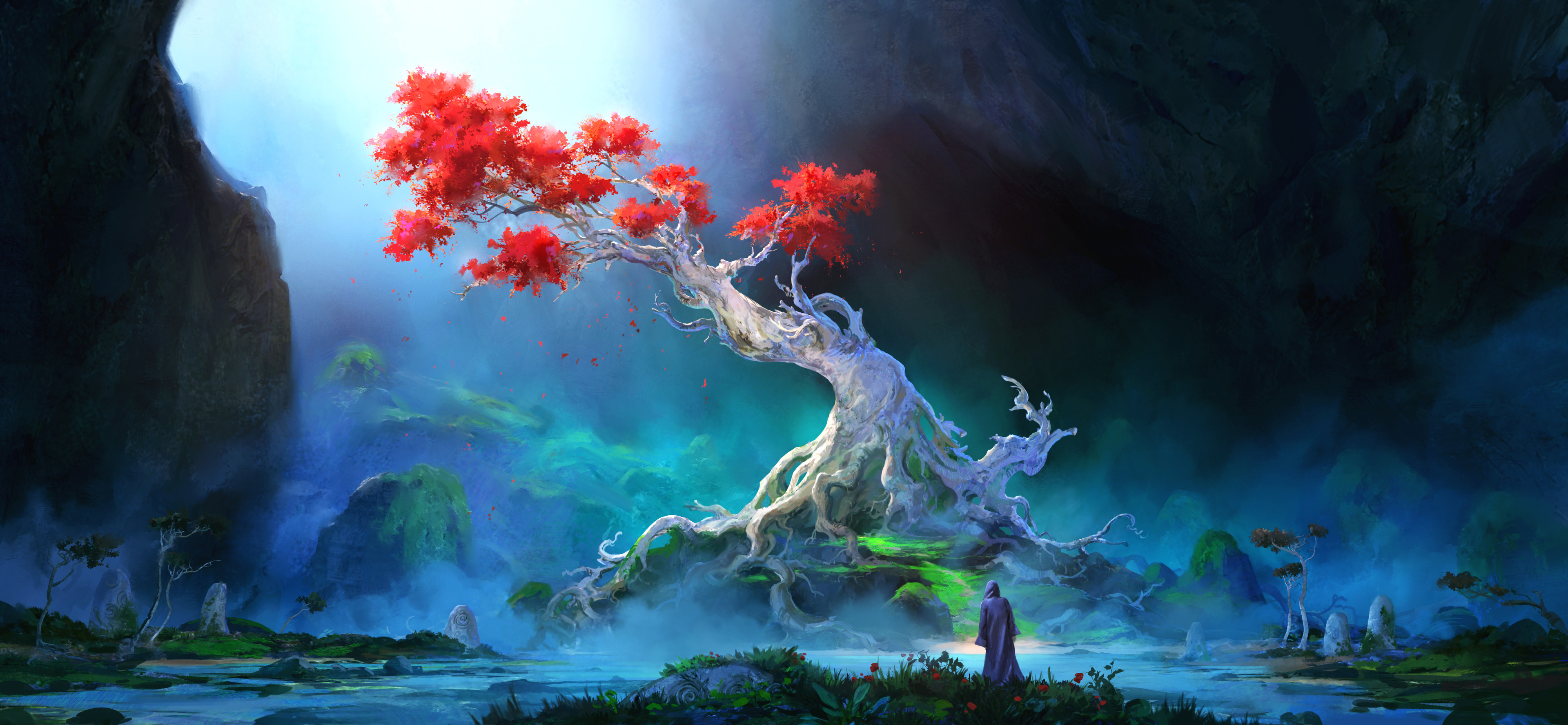 Gavin ODonnell Digital Art Artwork Illustration Landscape Nature Fantasy Art Trees Rock Formation Wa 3840x1776