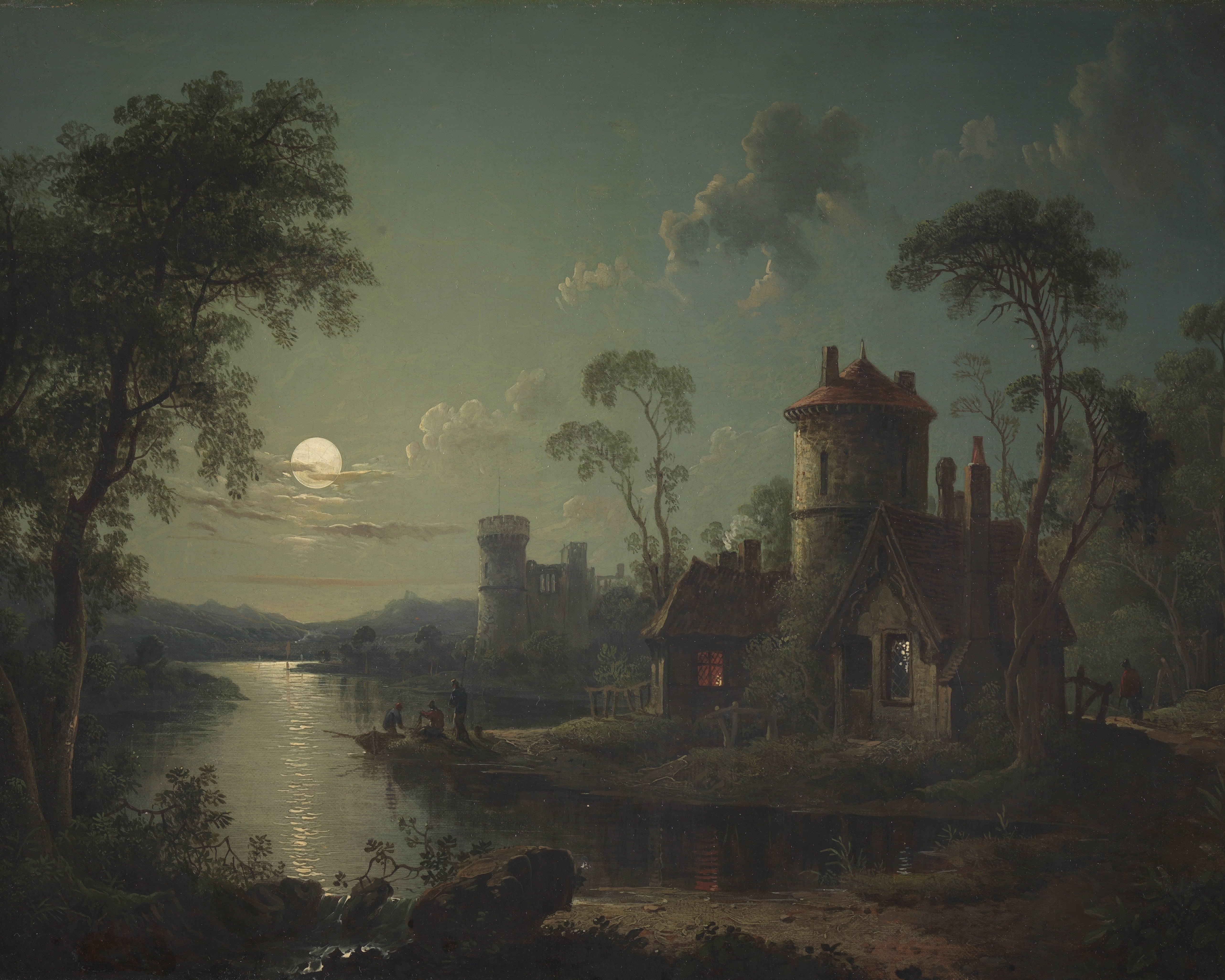 Sebastian Pether Clear Sky Castle House Moonlight Oil On Canvas Painting Stream Nature Fishing Lands 5128x4102