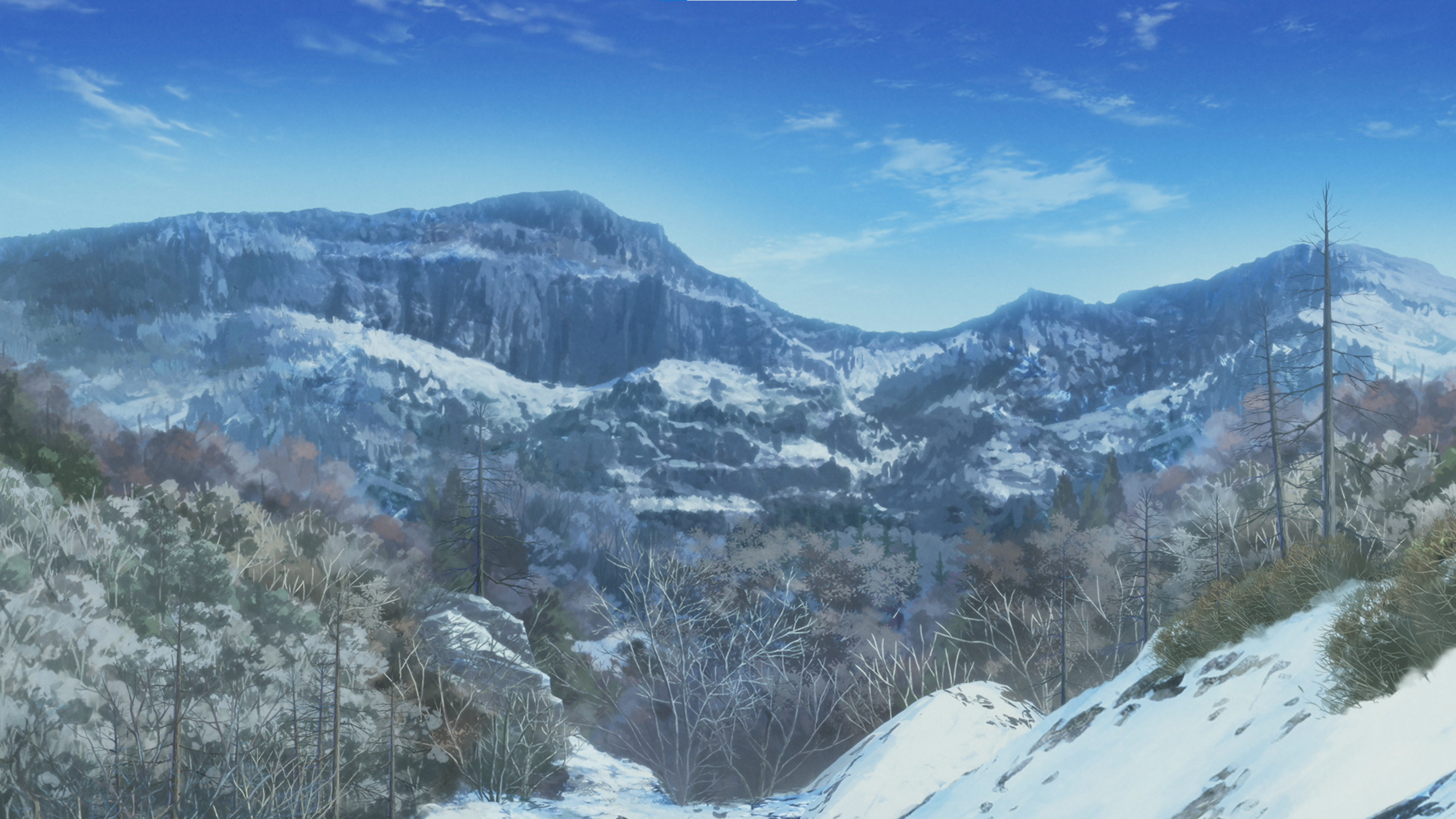 Yuru Camp Mountains Drawn Snow Forest Landscape Cold Sky Clouds Screen Shot 2560x1440