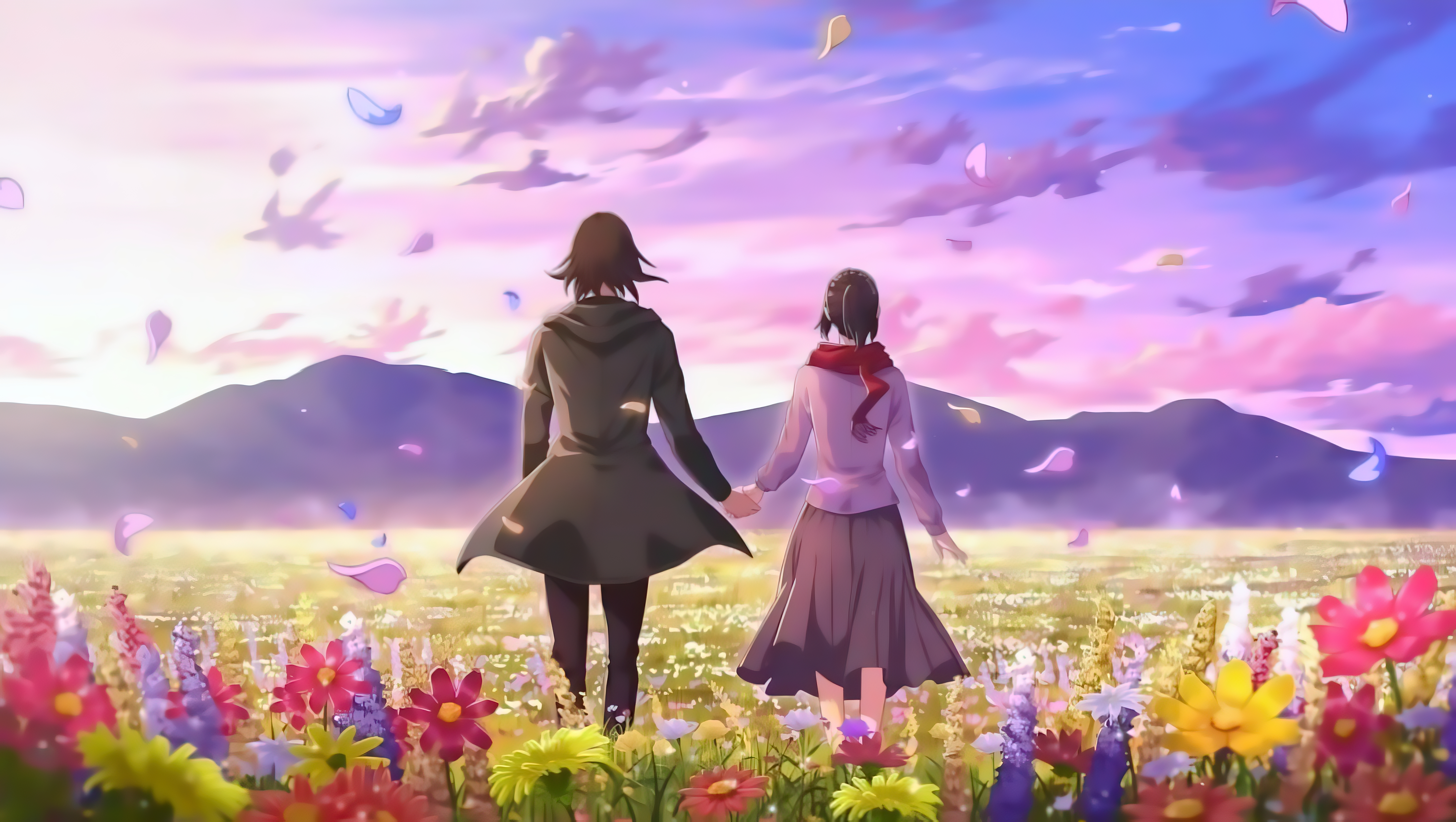 Romance Lovers Anime Girls Anime Boys Flowers Sky Clouds Sunlight Mountains Petals Scarf Shingeki No 4244x2396