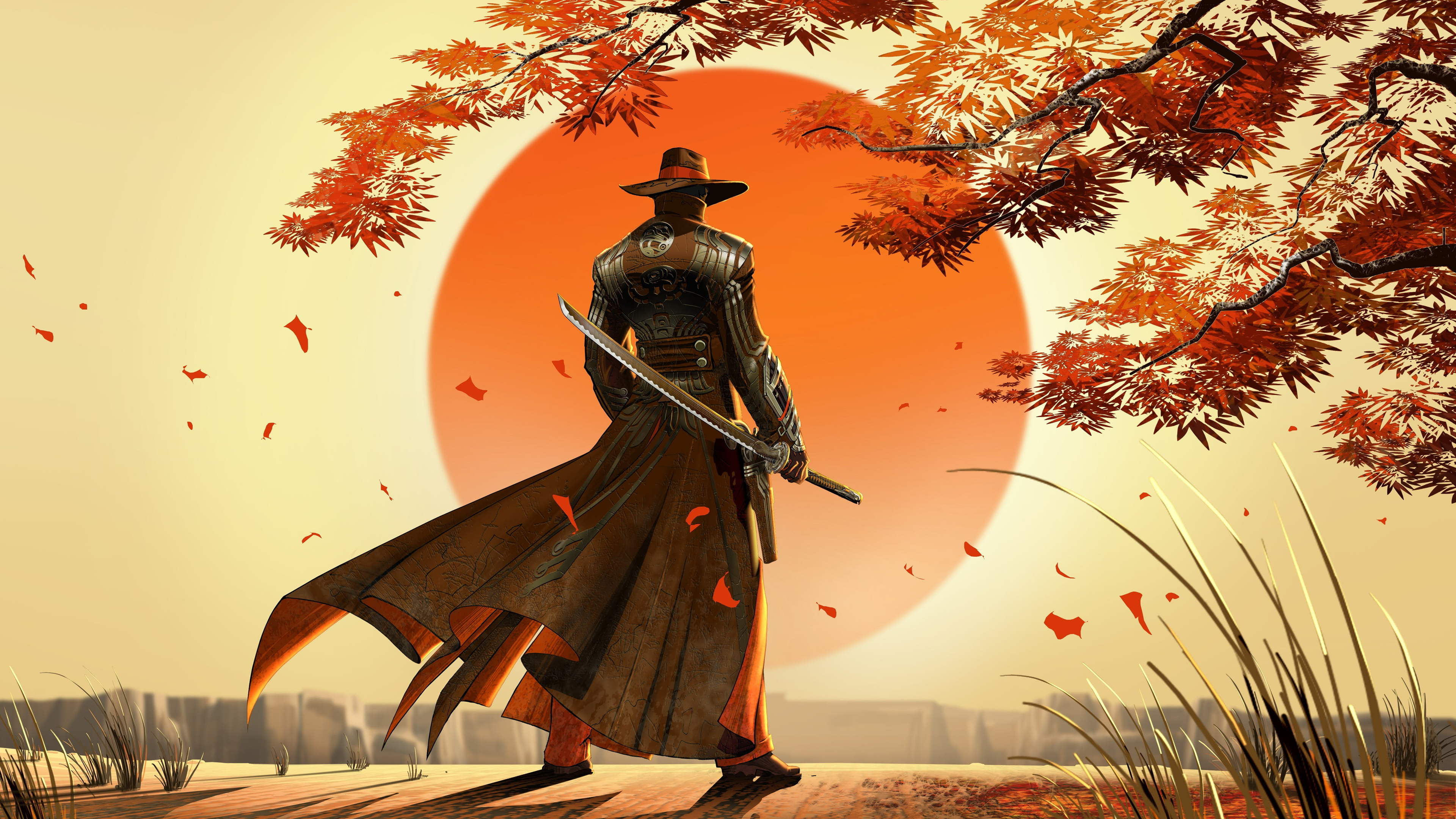 Digital Art Red Steel 2 Samurai Cowboy Katana Sun Clouds Gun 3840x2160