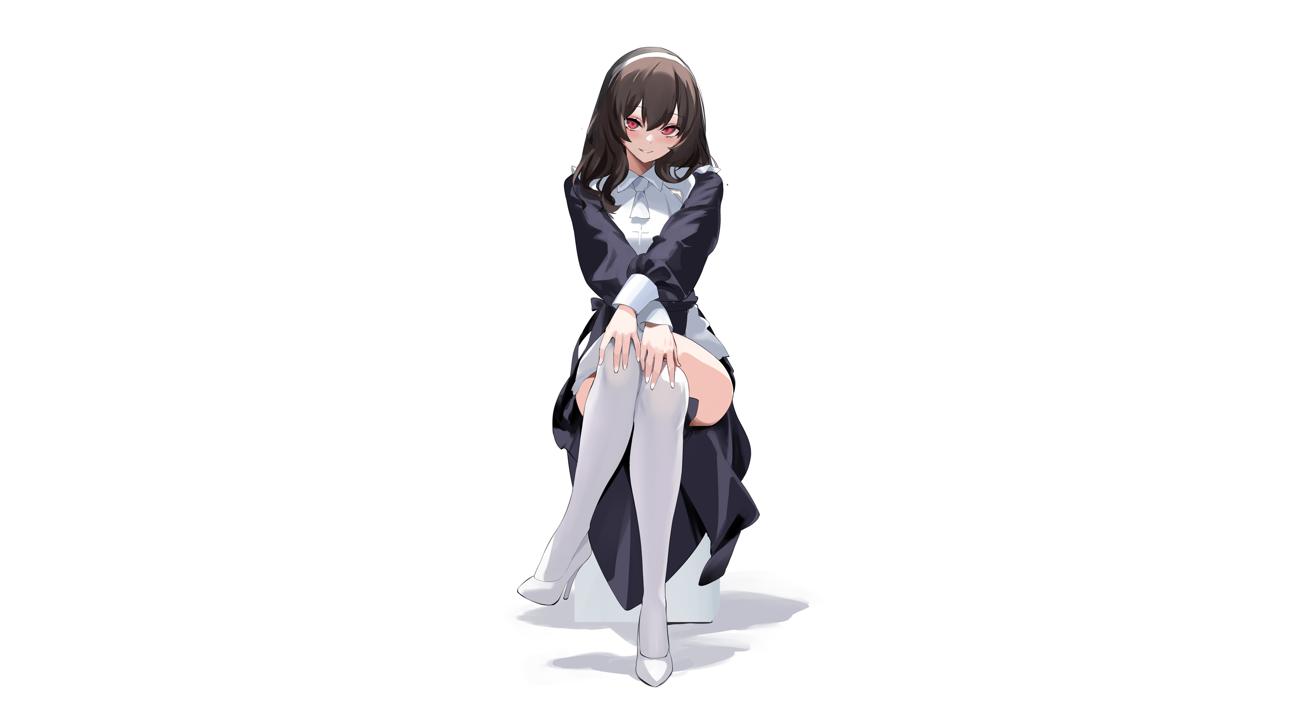 Anime Anime Girls Simple Background Sitting Maid Maid Outfit White Legwear Spider Apple White Backgr 2560x1440