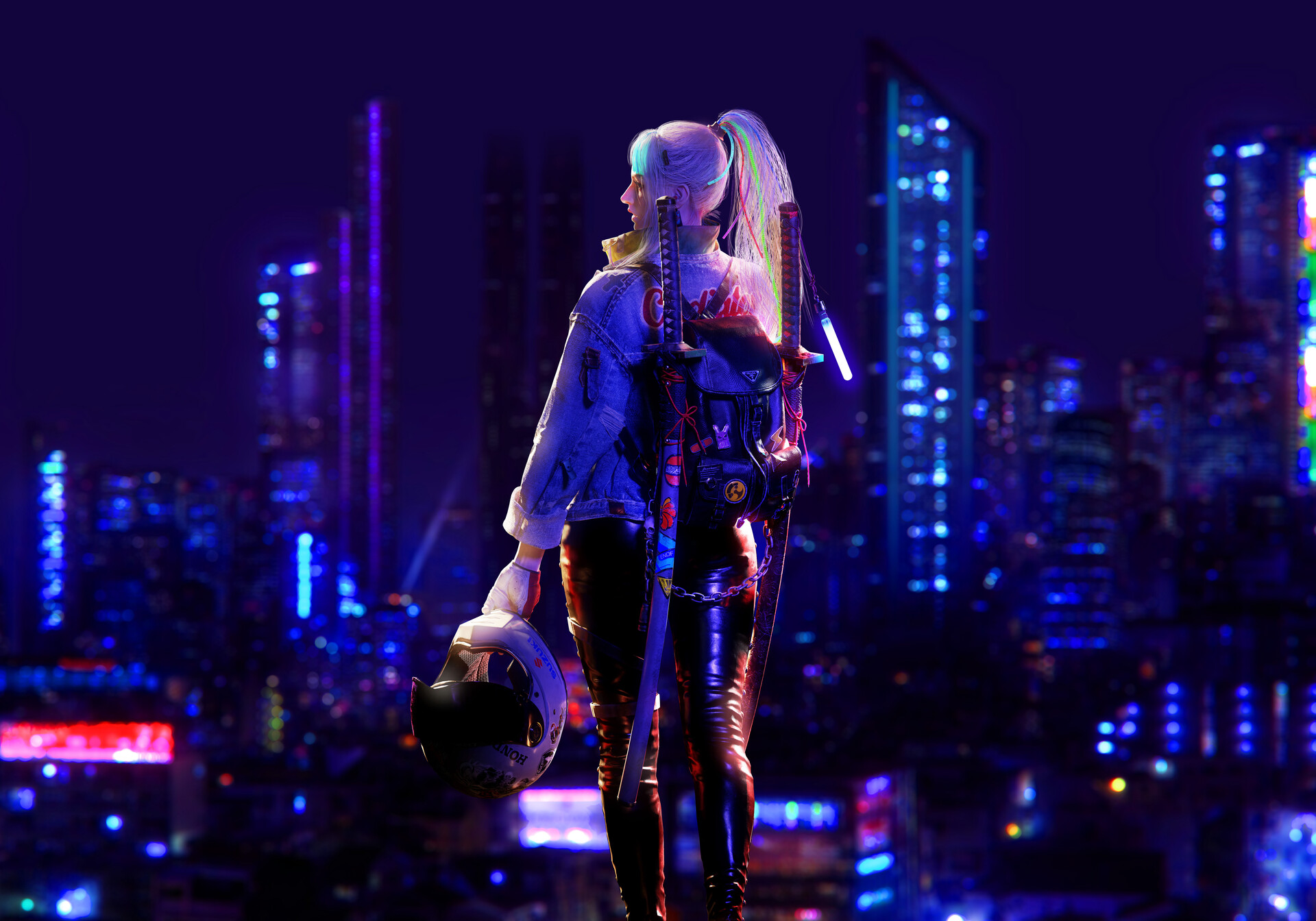Digital Art Artwork Illustration CGi Women City Blurred Cyberpunk Katana Skyscraper Helmet Character 1920x1344
