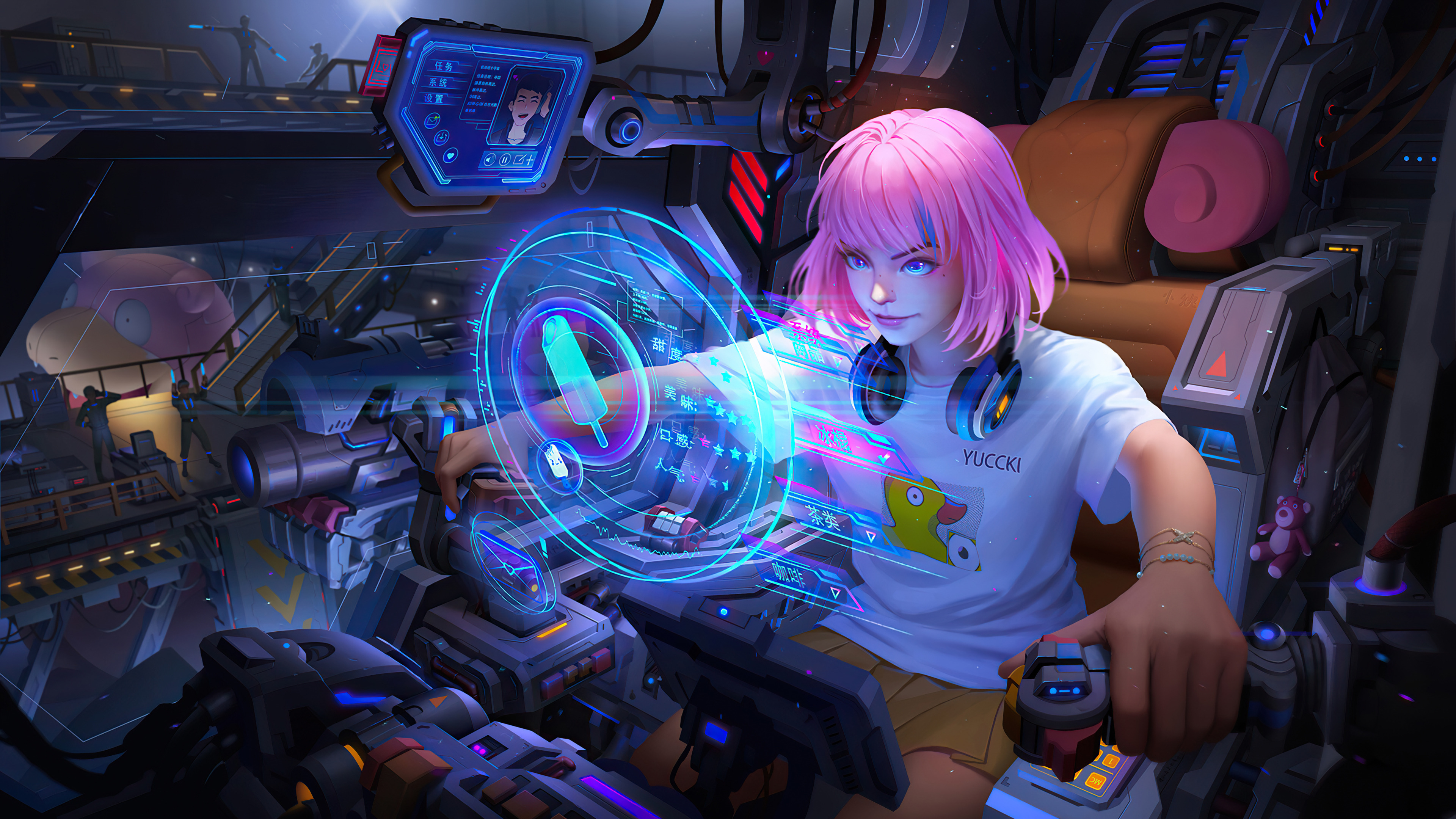 Science Fiction Digital Art Pink Hair Headphones Blue Eyes Mecha Girls Slowpoke 3840x2160