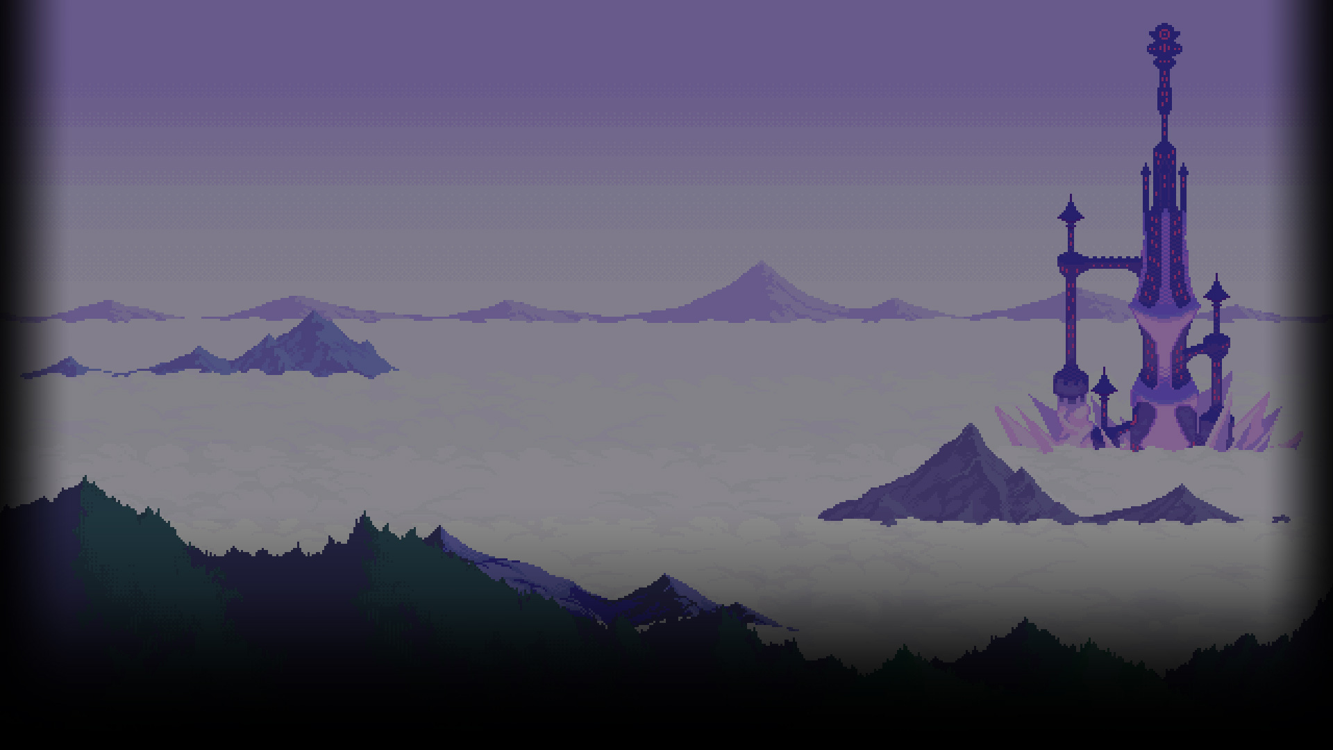 Sky Tower Mountains Clouds Plants Gradient Digital Art Pixelated Landscape Vignette Nature 1920x1080