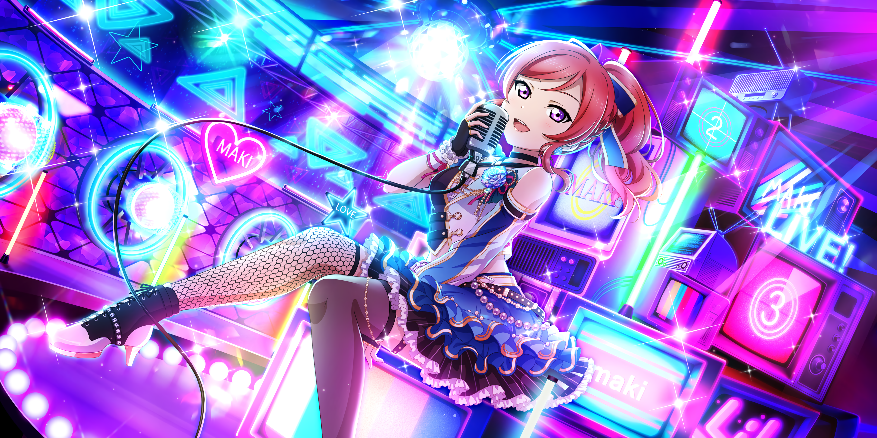 Nishikino Maki Love Live Anime Anime Girls Microphone Dress Shoes Looking At Viewer Stages Stage Lig 3600x1800