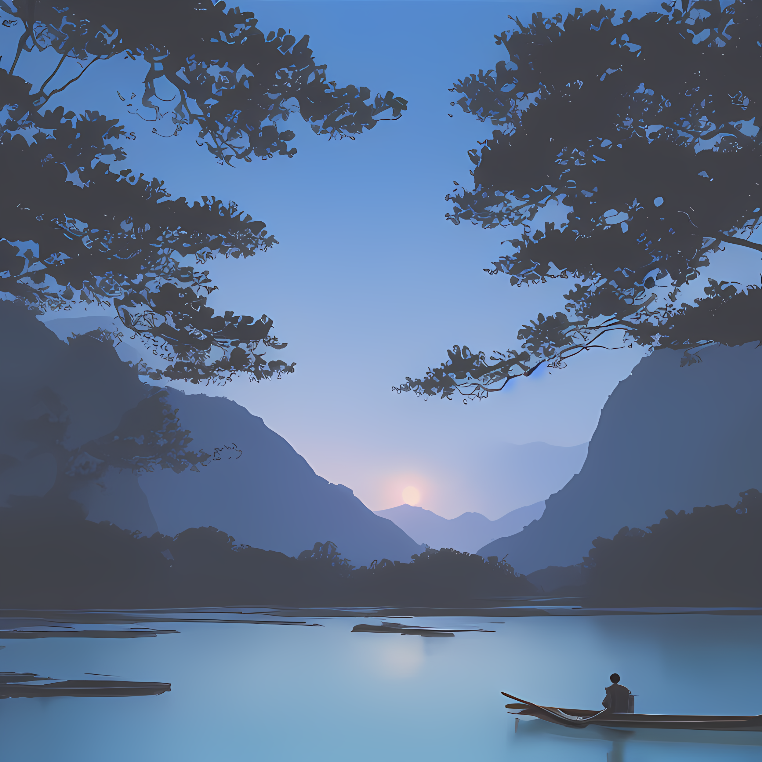 Night Morning Ai Art Lake Nature Mountains Minimalism Simple Background Water 2496x2496