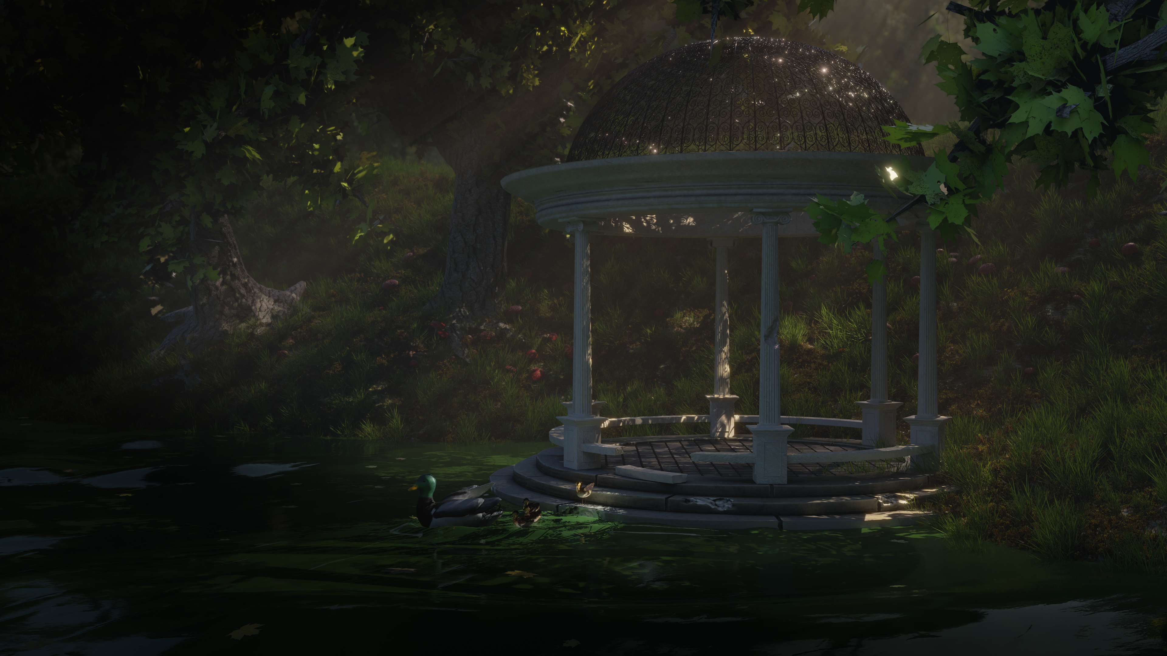 Nature Pond Forest Gazebo Peaceful 3840x2160
